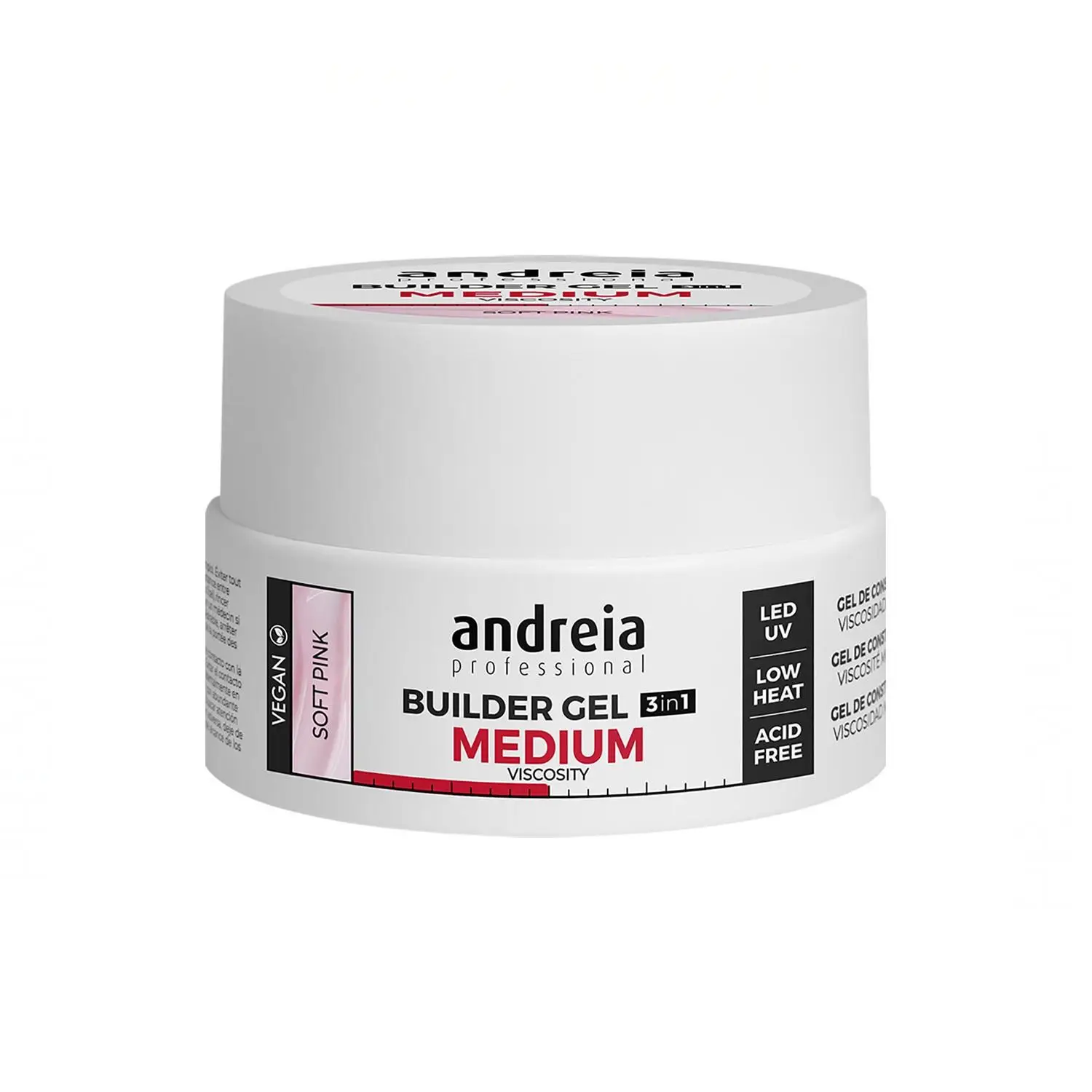 Andreia professional builder gel medium viscosity soft pink 22 g 3-in-1 building gel medium viscosity.