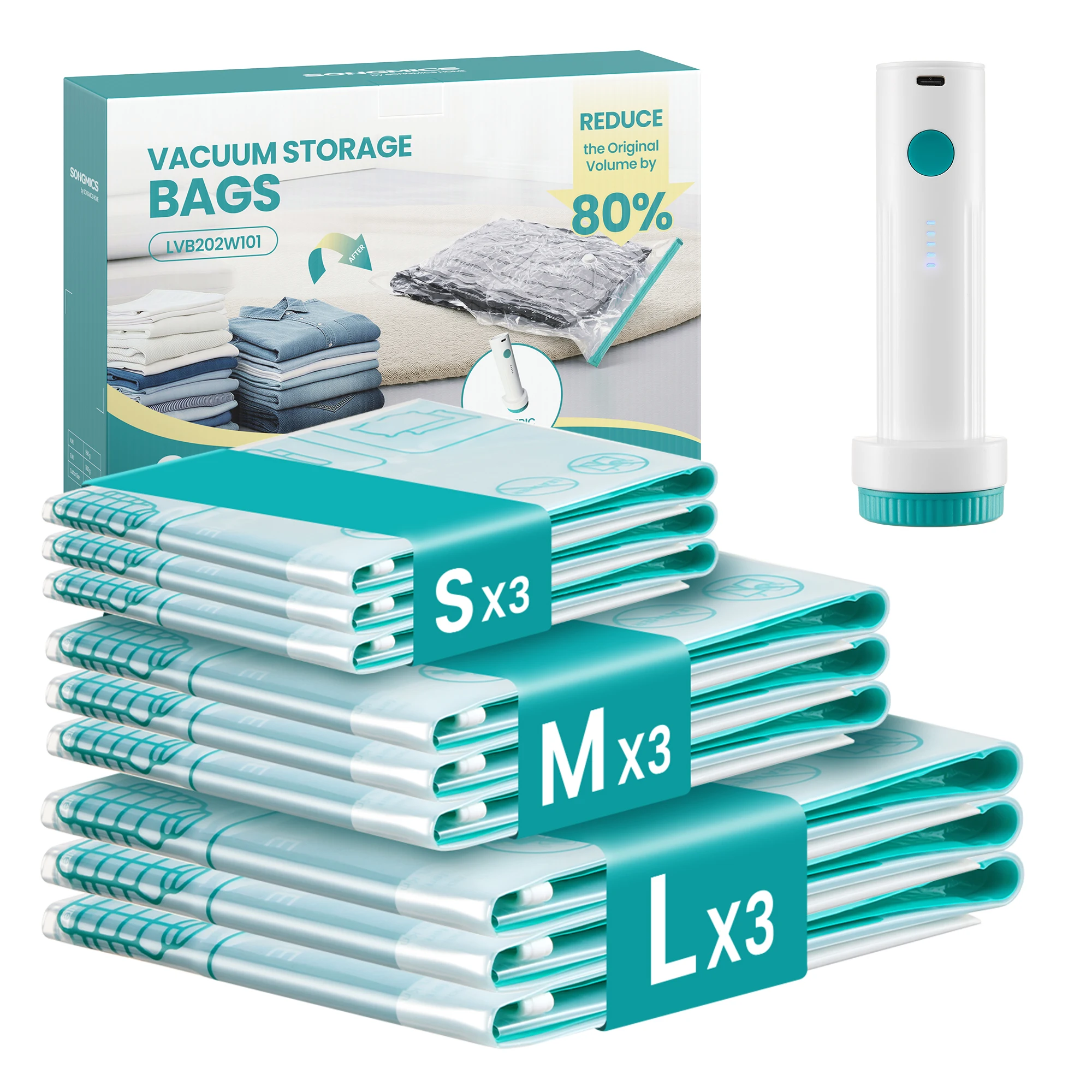 SONGMICS Bolsas de Vacío con Bomba Eléctrica Recargable y Portátil, Bolsas para Ropa, Sábanas, Armarios y Viajes, Compactas y Reutilizables, 9 Piezas, 3S/3M/3L, Transparentes