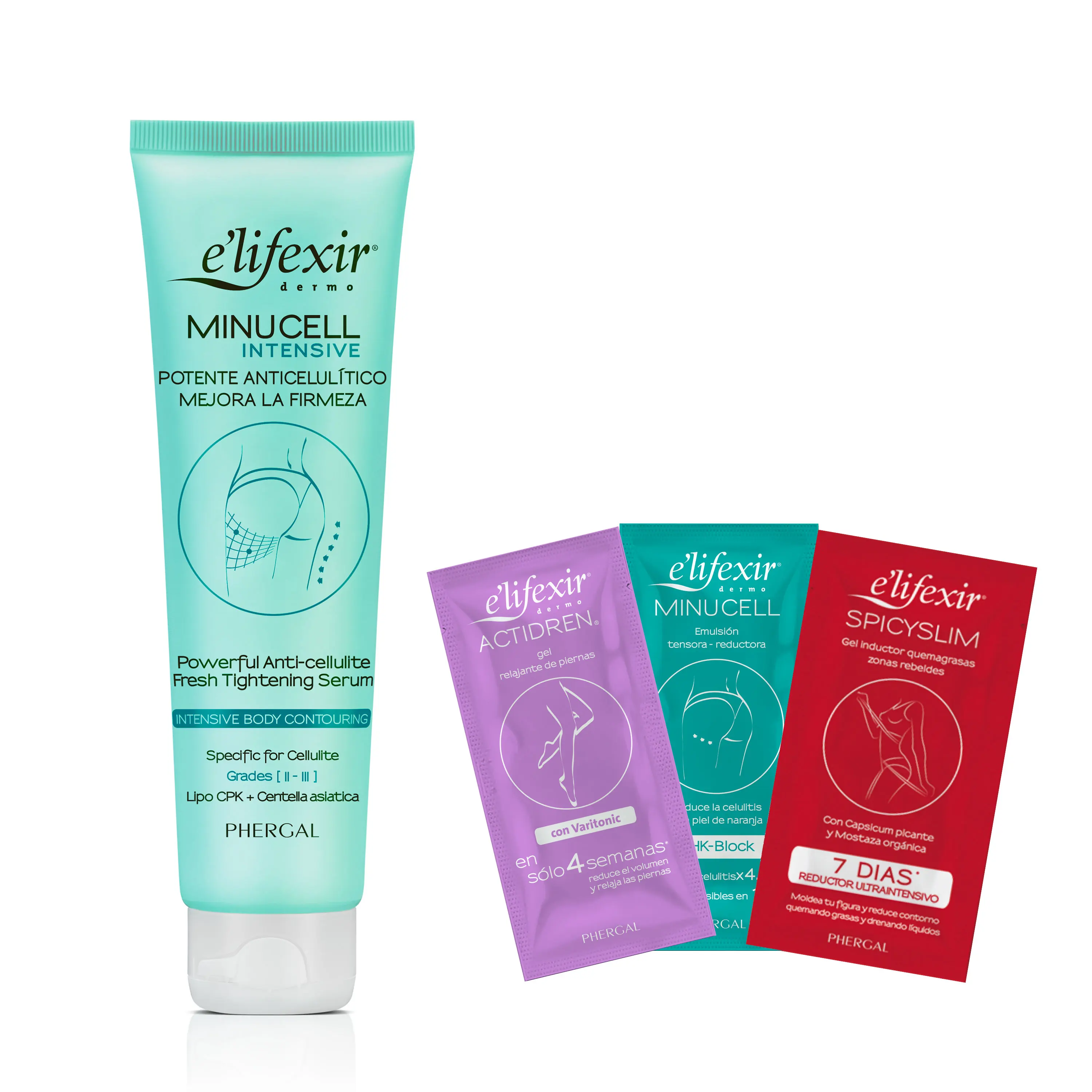 Elifexir - Minucell Intensive Serum + Muestras Regalo. Serum Anticelulítico Ultra Potente. Drena y Reafirma. Combate la celulitis. Rápida Absorción.150ml + 6ml