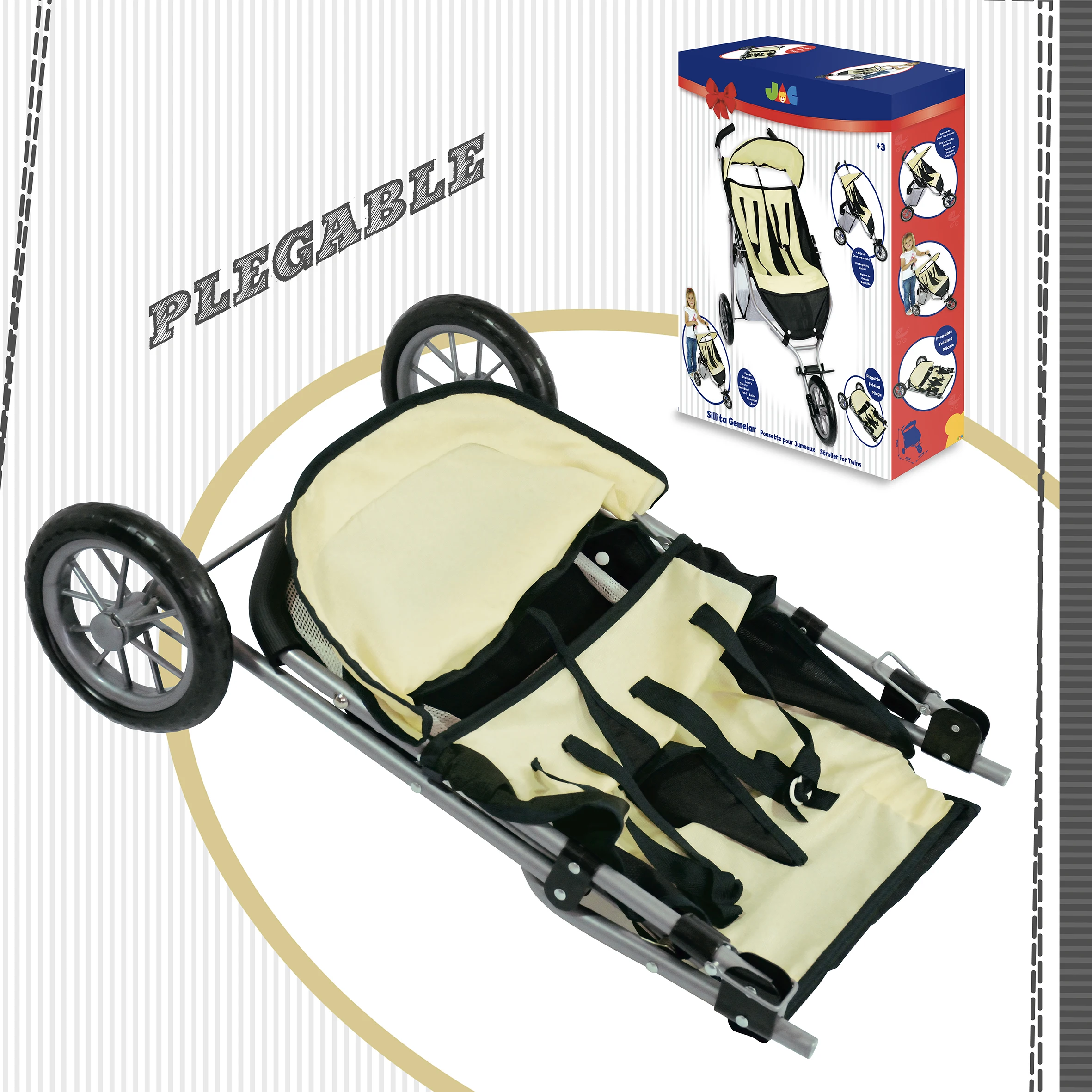 Doll cart. Twin 3-wheel doll cart (8499) includes hood and basket. Easy to assemble. Quality at the best price. According to the regulations CE. + 3 years