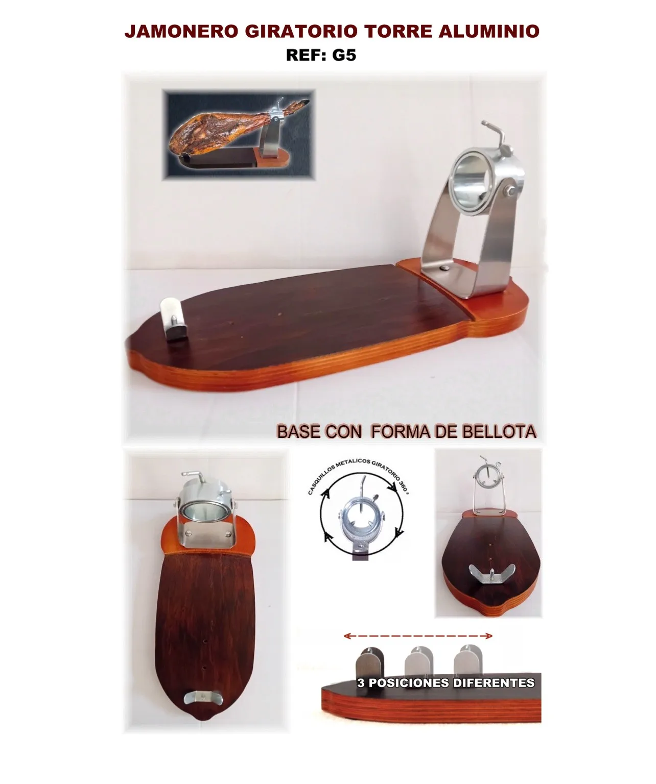 Ham Holder with Acorn Shaped Base, Rotating 360º Design, Includes Cover, Knife, and Sharpener - Premium Kitchen Tool, Made in Spain.