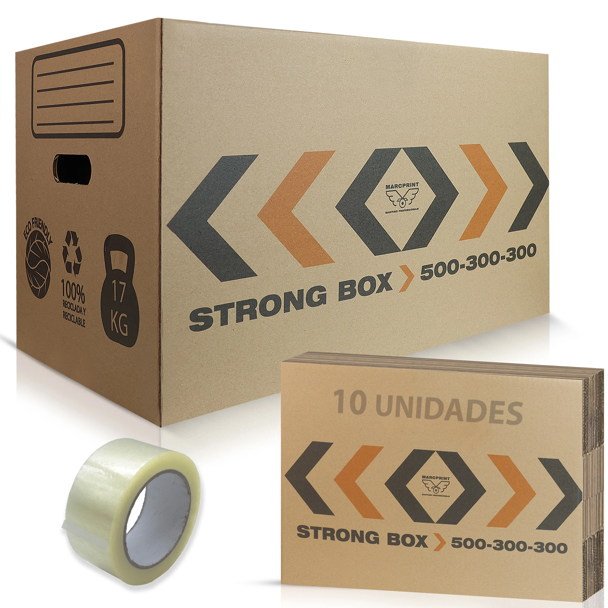 MARCPRINT Pack 10 Cajas Mudanza + PRECINTO - Cajas Carton Mudanza (43x30x25cm) Reforzadas y Resistentes - Cajas de Carton Certificación FSC - Cajas de Cartonn Mudanza 100% Reutilizables