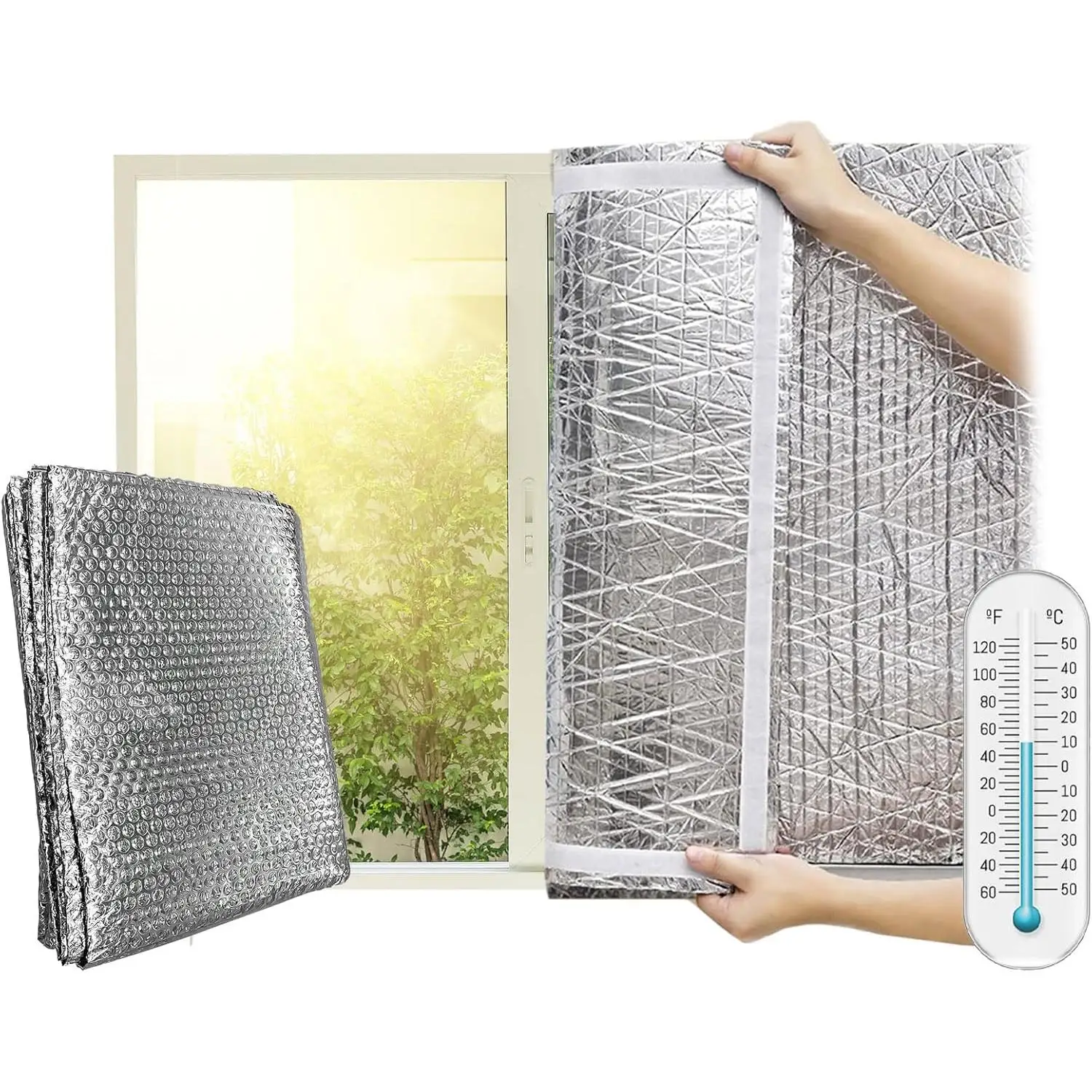 Aislante Termico Ventanas protege del Frio y Calor - 1.5x1.2m - Aislamiento Termico Autoadhesivo para Ventanas correderas - Incluye Velcro