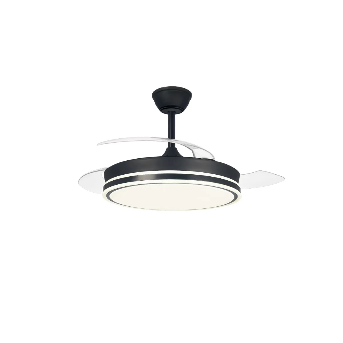 Ceiling fan with 45w led light, iris model with black retractable blades. Dc motor, cct system. Remote control with timer, adjustable light in color and intensity, memory, breeze mode and winter/summer function