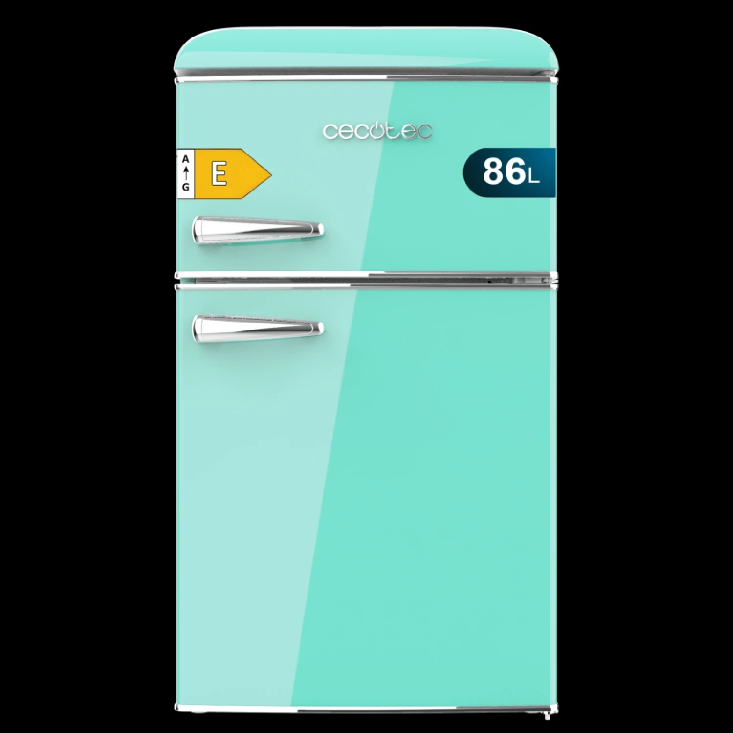 Cecotec Bolero CoolMarket 2D Origin 86 Green E Retro Refrigerator with 86L capacity, LED light, glass shelves, and adjustable thermostat for efficient food and beverage storage, ideal for small spaces.