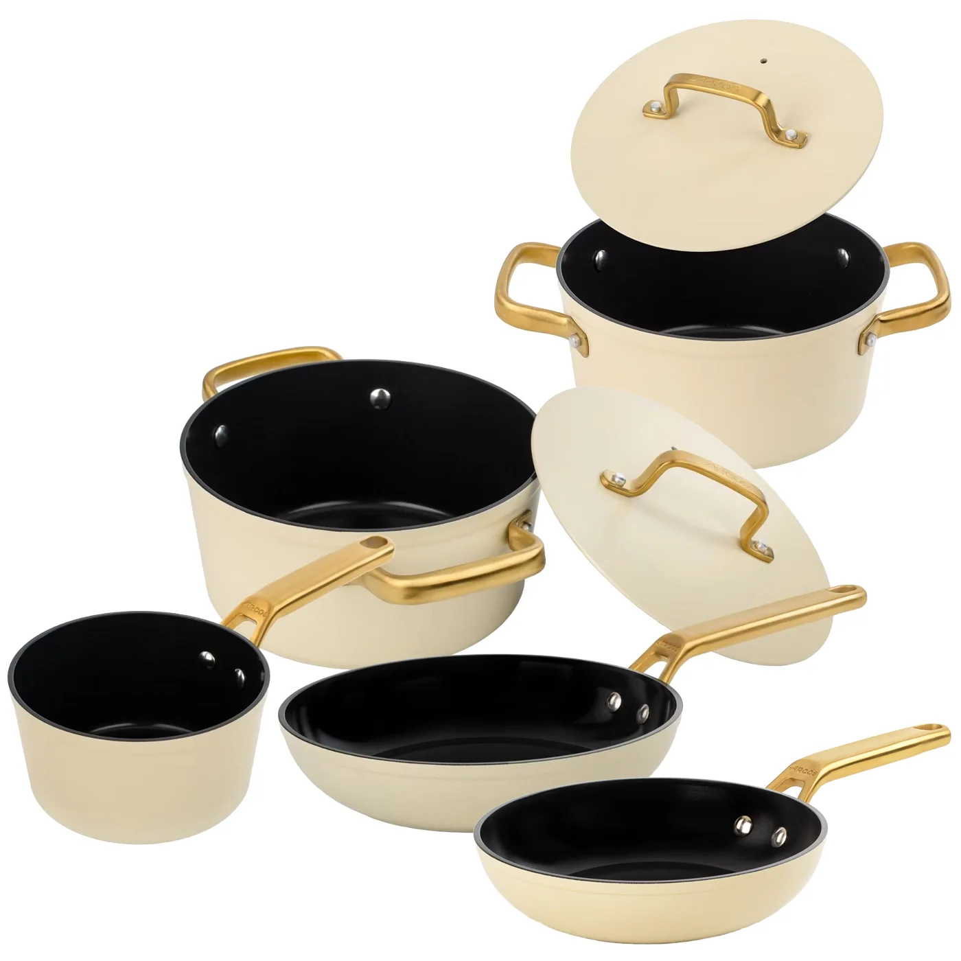 ARCOS Samoa Iconic Beige - Batería de Cocina (5 + 2 Piezas) - Antiadherente Cerámico - Aluminio Forjado - Asas Inox Dorado
