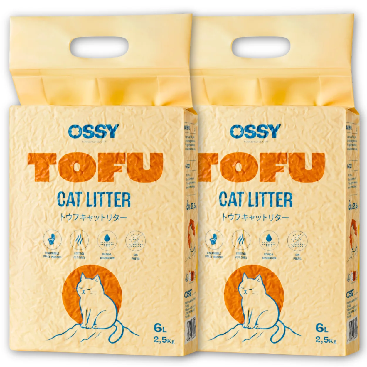 Arena de TOFU Pack x2 para Gatos Ossy 5Kg–12L Arena aglomerante para Gatos Sin químicos  Sin Fragancias Artificiales  99,98% Libre de Polvo Retención de Olores Desechable por el inodoro Tofu Cat Litter.