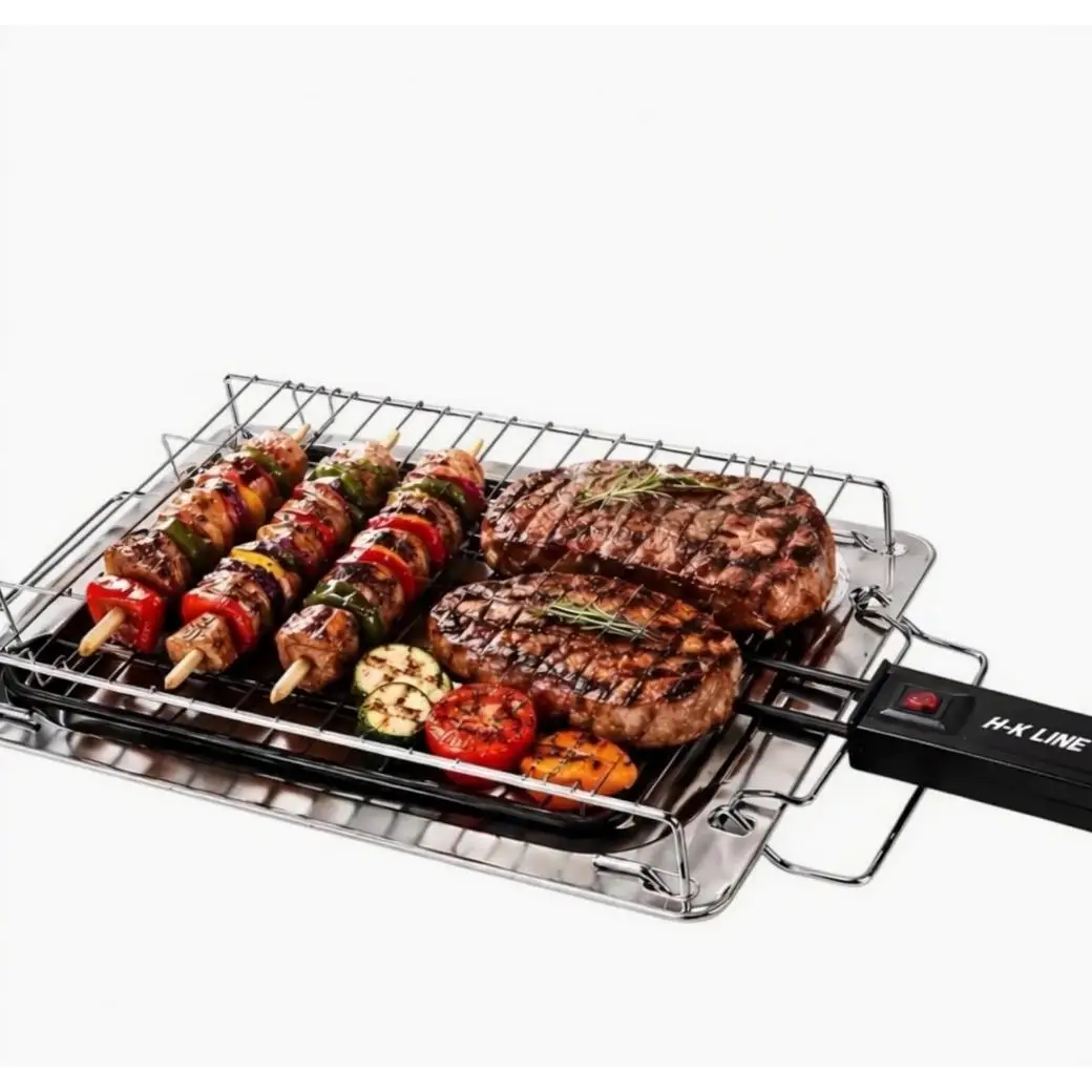 Barbacoa Eléctrica 2000W con Parrilla de Acero Inoxidable + Brochetas – 25x33 cm Compacta y Práctica