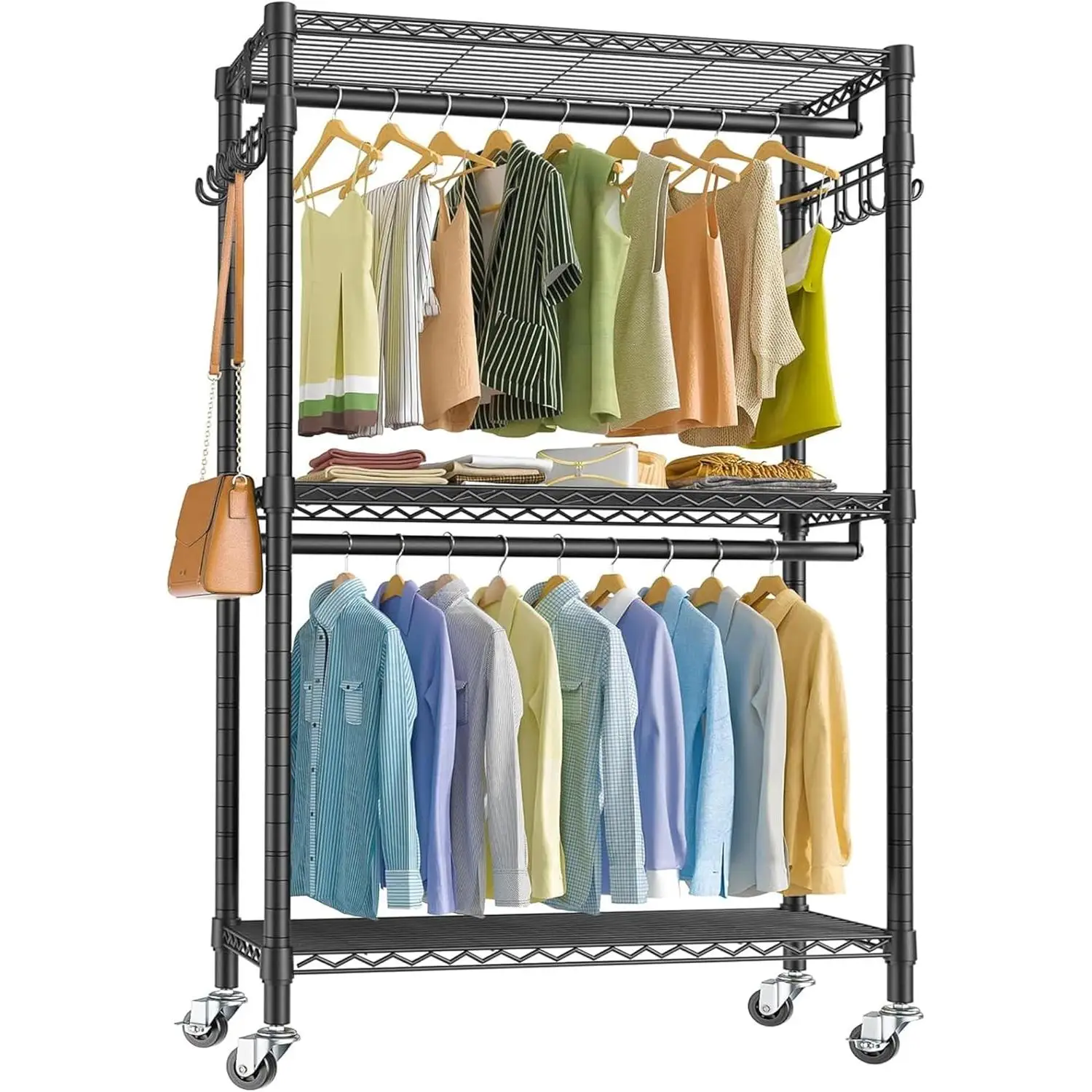 Perchero Metálico con Ruedas y 3 Niveles – 90 x 43,5 x 180 cm | Soporta hasta 100 kg | Estructura de Acero de 22 mm | Con Ganchos Laterales para Accesorios (NEGRO)