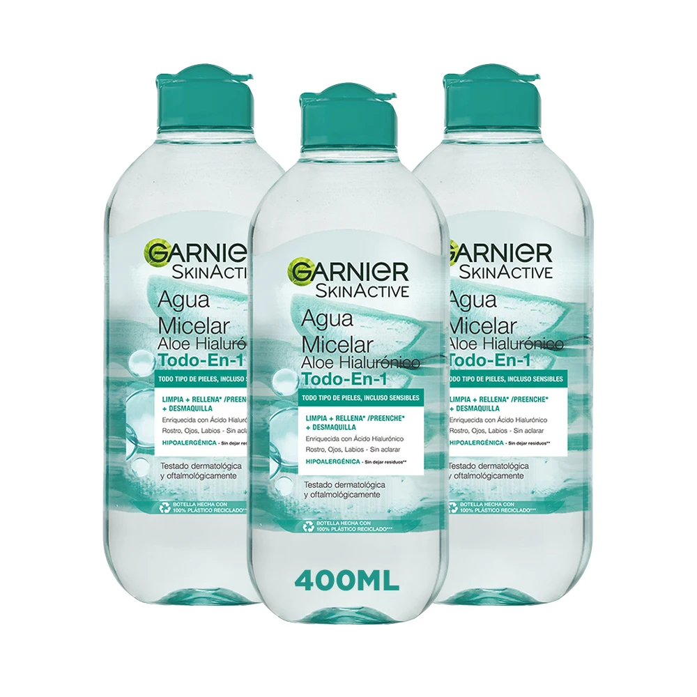 Garnier Agua Micelar Aloe Hialurónico Todo en 1 para todo tipo de pieles, Limpia + Desmaquilla + Rellena rostro, ojos, labios - Sin aclarado 3x400ml