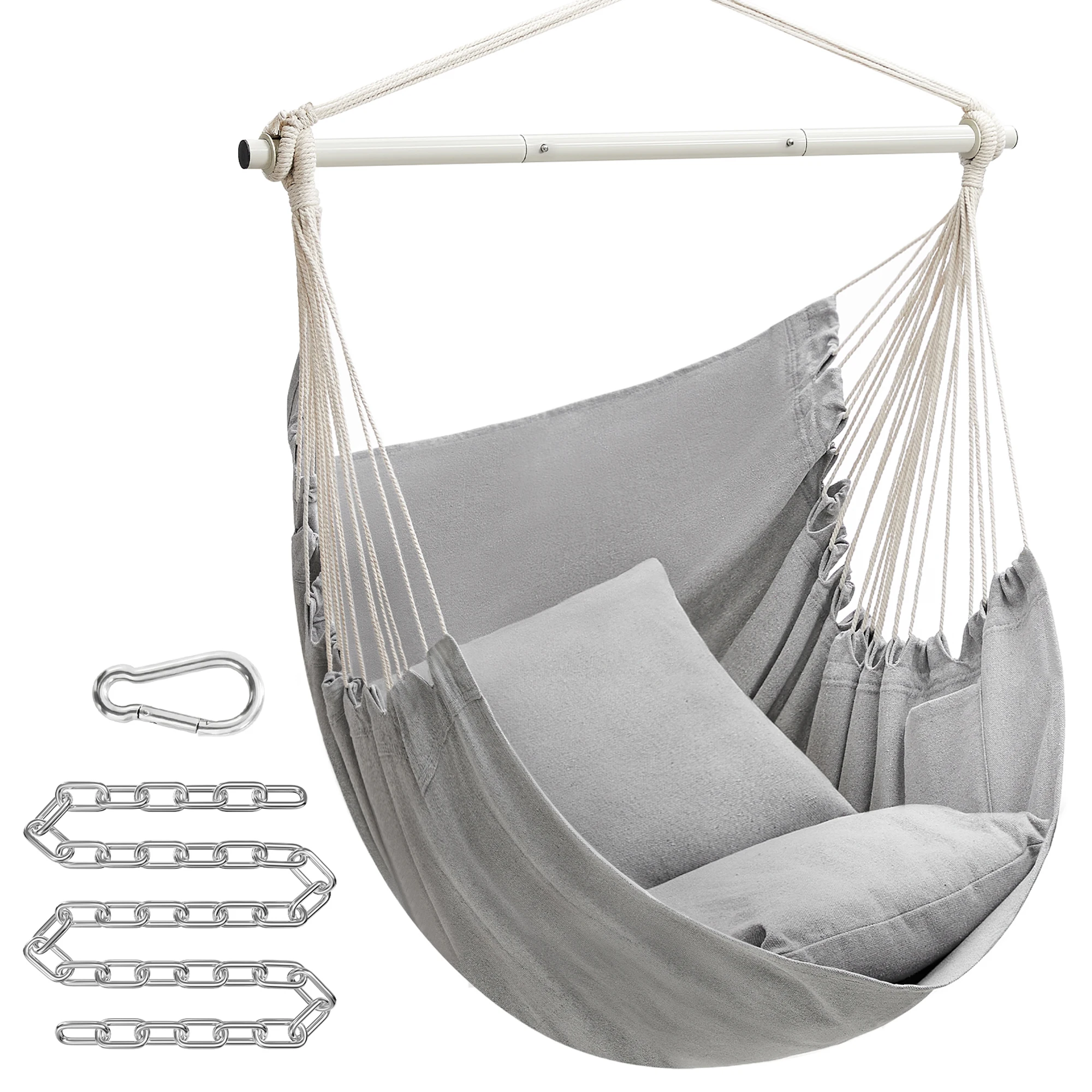 SONGMICS Silla Hamaca, Silla Colgante Grande con 2 Cojines, Silla Colgante con Cadena, Capacidad de Carga 150 kg, para Interior, Exterior, Salón, Dormitorio, Gris Paloma/Blanco Crema