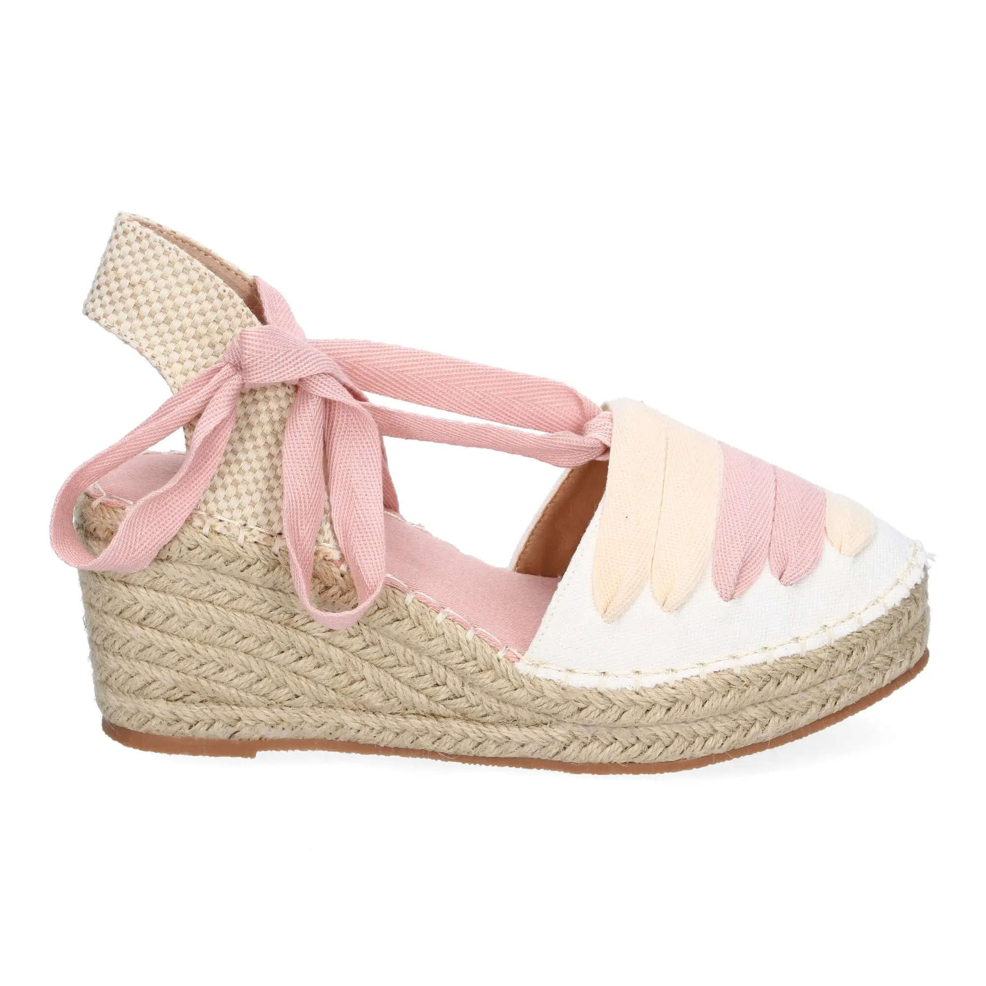 PuntoSalao Sandalias de cuña media en yute para mujer color rosa LL7U3 - Unas Alpargatas de Cuña con suela de yute, y lazos en colores degradados