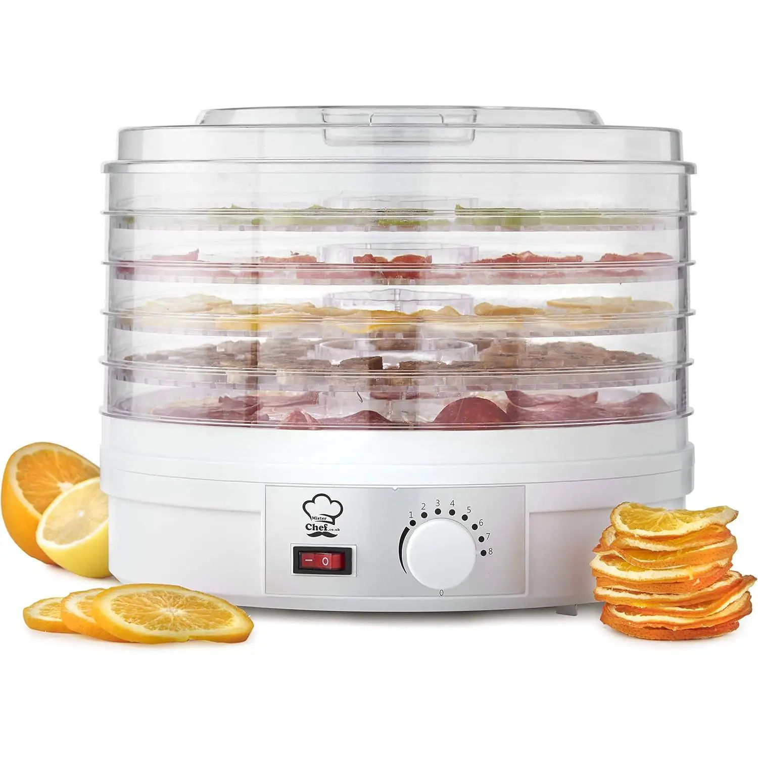 Deshidratador de Alimentos MisterChef 250 W, 5 Bandejas Cilíndricas, 220V, Ideal para Frutos Secos y Aperitivos Saludables, con Recetario Incluido