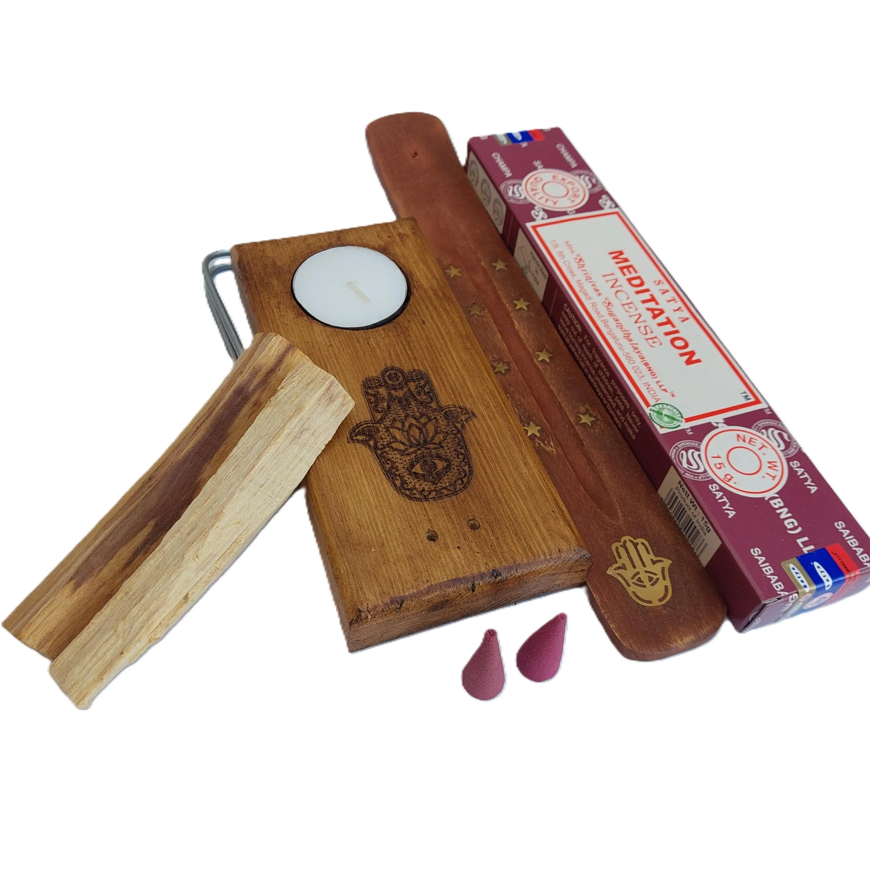 YA-DECOREGALOS KIT COMPLETO DE MEDITACIÓN COMPUESTA POR QUEMADOR ARTESANAL, SOPORTE PARA INCIENSO, 2 PALO SANTO, CAJA DE INCIENSO Y 10 CONOS DE INCIENSOS