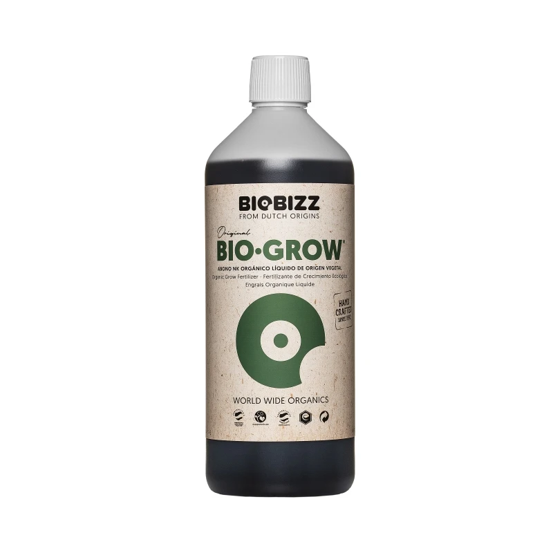 BIOBIZZ BIO GROW, abono orgánico líquido que tiene un olor dulce suave, adecuado para todo tipo de mezclas de tierras. Un abono completo, enriquecido con azúcares, 70 microelementos, ácidos húmicos, algas marinas y vitaminas B1, B2, C y E
