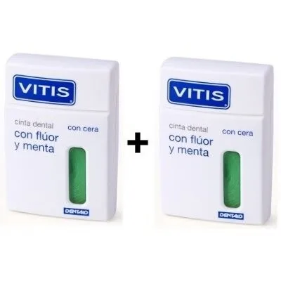 Dentaid VITIS Cinta Dental con Flúor Menta 50M 2 Unid - Elimina Placa - Refuerza Esmalte - Higiene Bucal