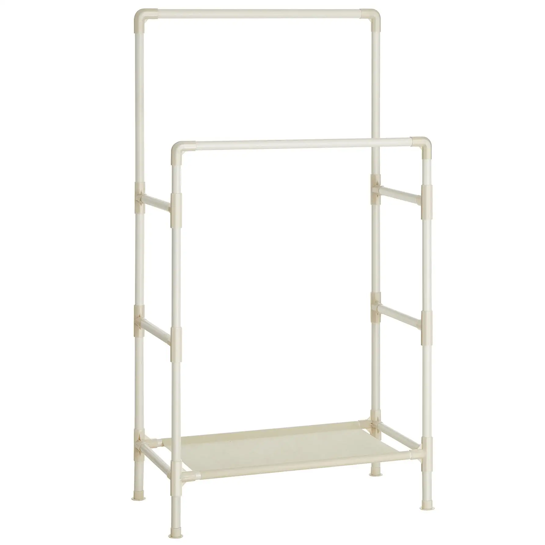 SONGMICS Burro Ropa, Perchero Burro de Metal con 2 Barras Colgantes, con un Estante de Almacenamiento, Capicidad de Carga 55 kg, Montaje Fácil, Blanco/Gris/Negro