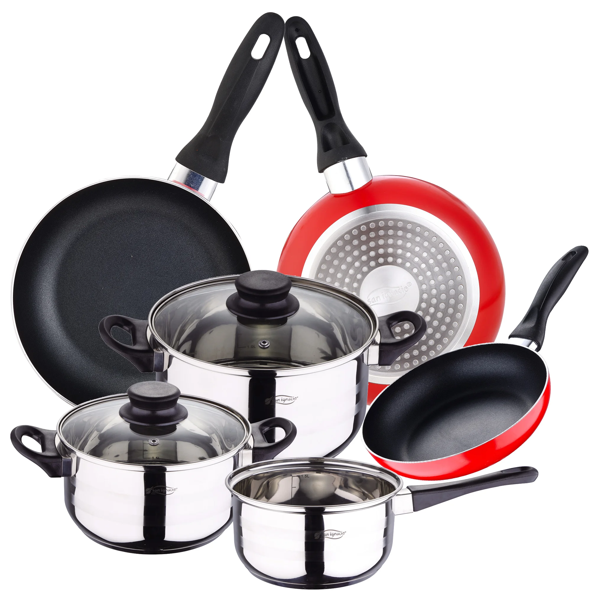 San Ignacio 5-piece stainless steel cookware set of 3 non-stick pans (16/20/24cm) in red pressed aluminum-fit for all fires