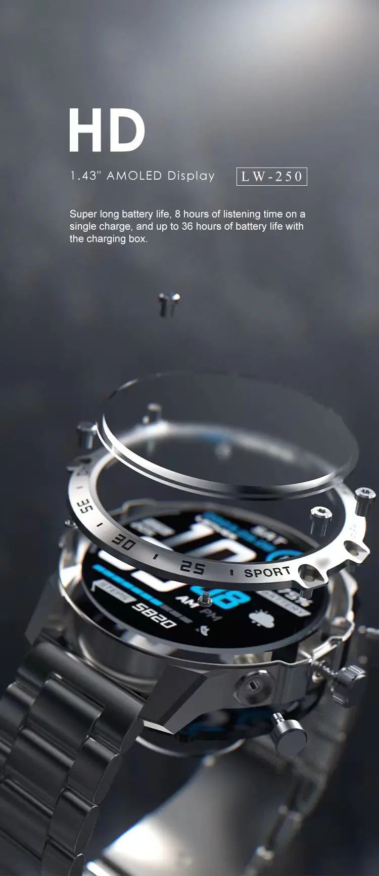 Reloj inteligente LENYES LW-250: pantalla AMOLED táctil de 1,43'', resistencia al agua IP68, monitor de ritmo cardíaco y sueño, Bluetooth 5.2, app GloryFit y carcasa de aleación de zinc