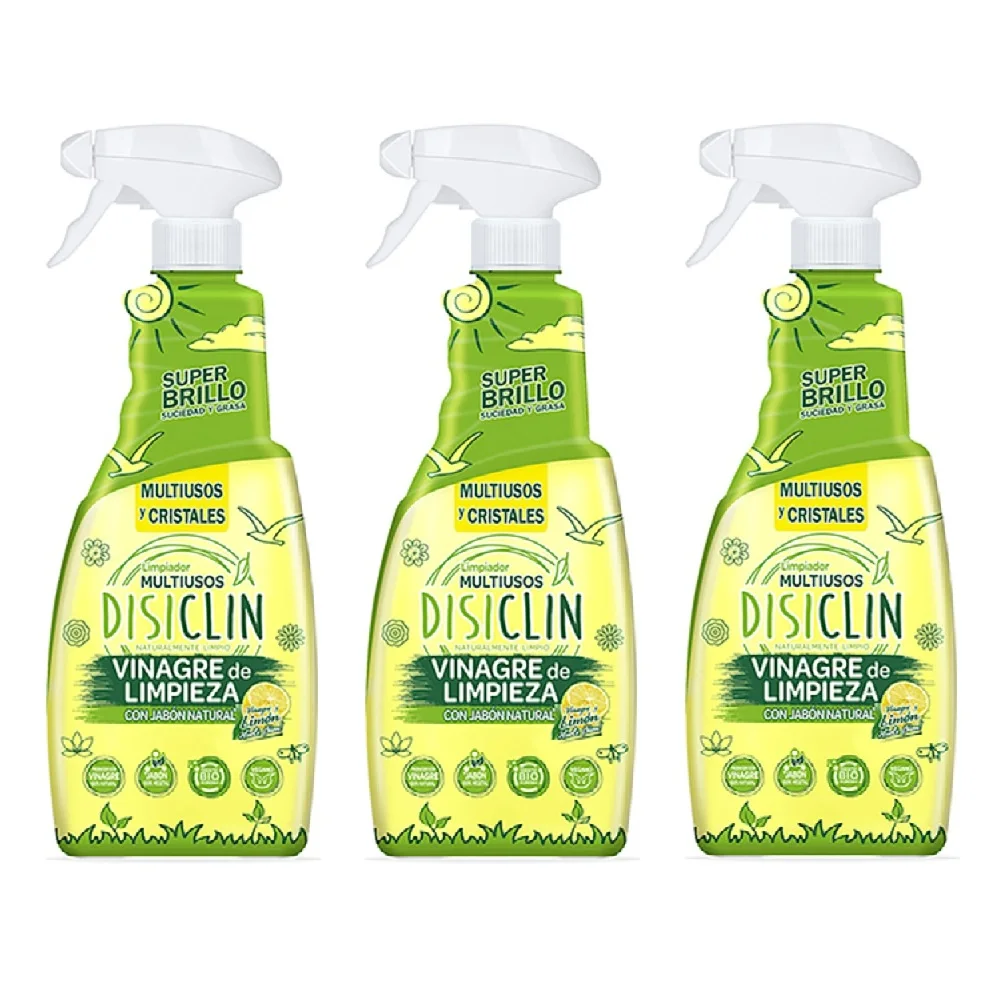DISICLIN Vinagre de Limpieza Multiusos en Spray Con detergente y Aroma a Limón 750ml (Pack 3) - Con jabon natural, Limpiador para todas las superficies, Ideal para baños, cocinas, paredes, suelos, ventanas y cristales, Elimina la cal y da brillo