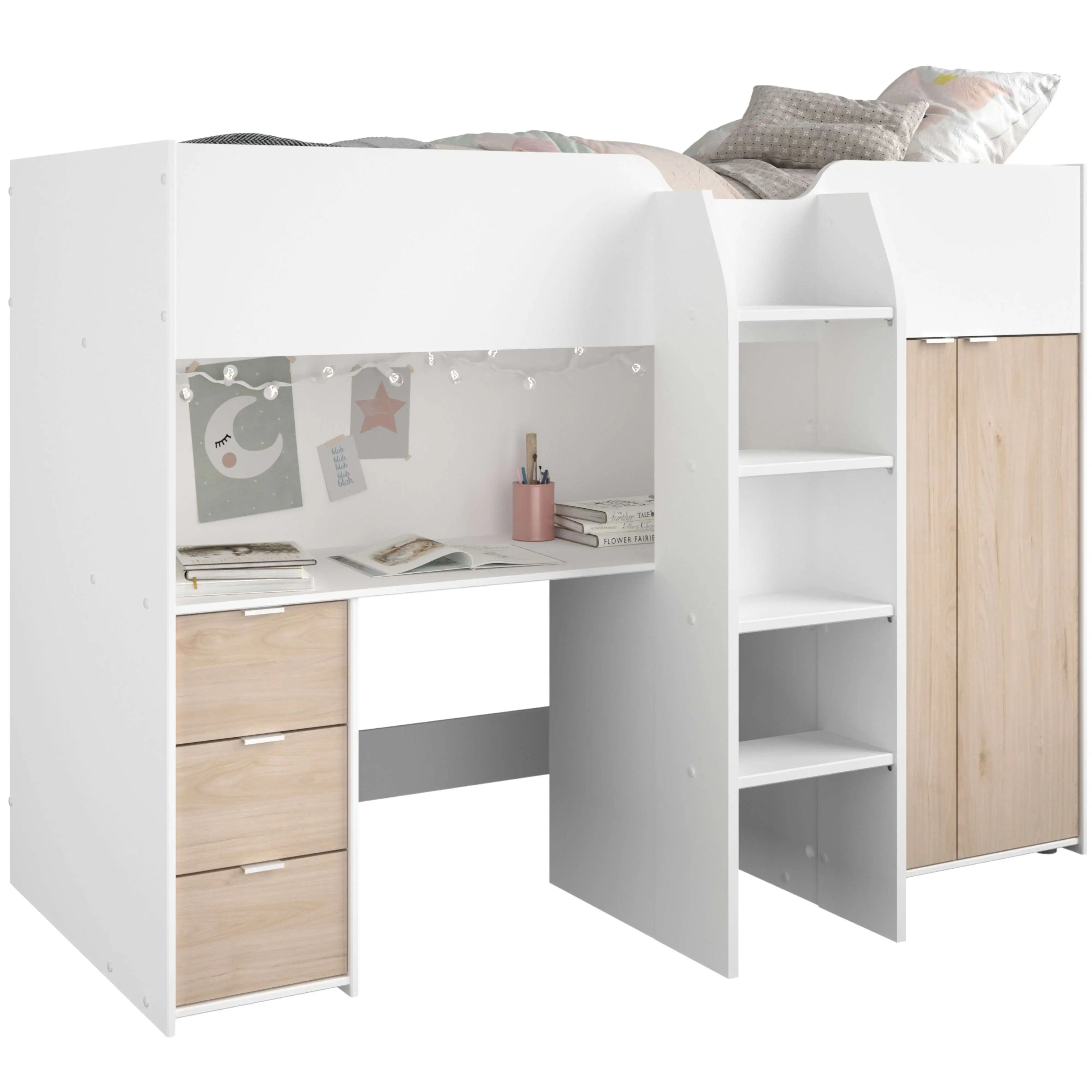Cama Funny Dormitorio Juvenil o Infantil en Color Roble Jackson Y Blanco Mate 203x146x95 cm