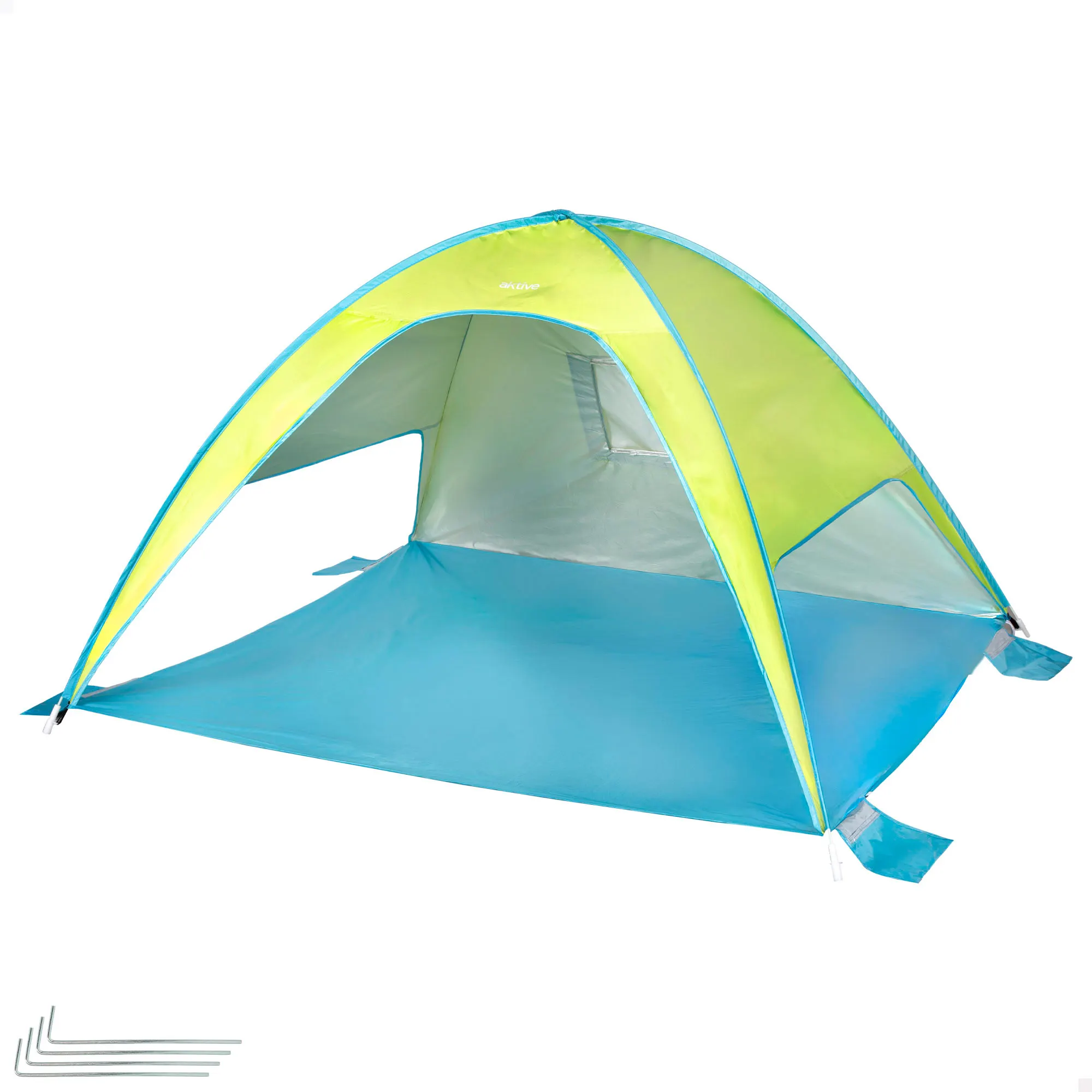 Aktive - Paravientos playa plegable, sistema pop up, verde y azul, 175x150x105 cm, tejido poliéster, revestimiento interior plateado, protección UV50, varillas fibra de vidrio, incluye 4 piquetas,
