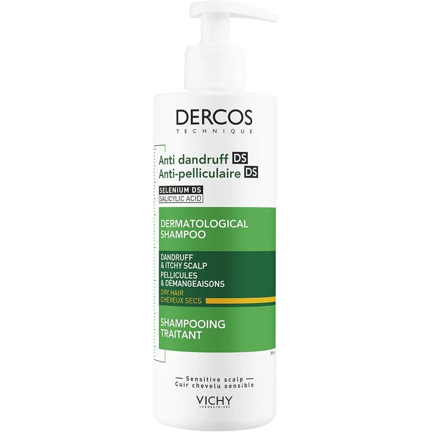 Vichy Dercos Champú Anticaspa para Cabello Seco 390 ml - Tratamiento Doble Eficacia contra la Caspa y Picores