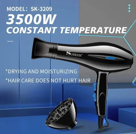 Professional hair dryer SURKER 3500w 3 position heat and 2 speed nozzle concentrator and diffuser