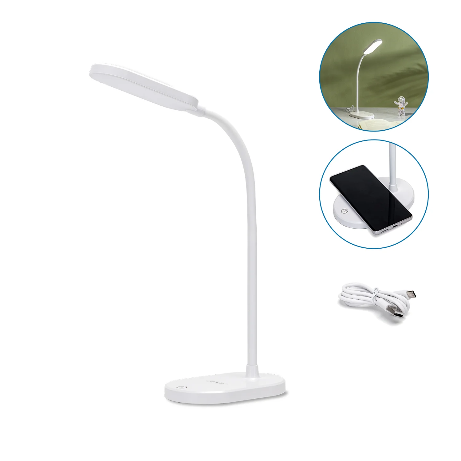 Aigostar lámpara escritorio con carga inalámbrica, flexo LED escritorio para estudiar de 3 niveles de brillo, recargable batería, 100cm cable, flexible ajustable, control táctil, 5000K, blanco