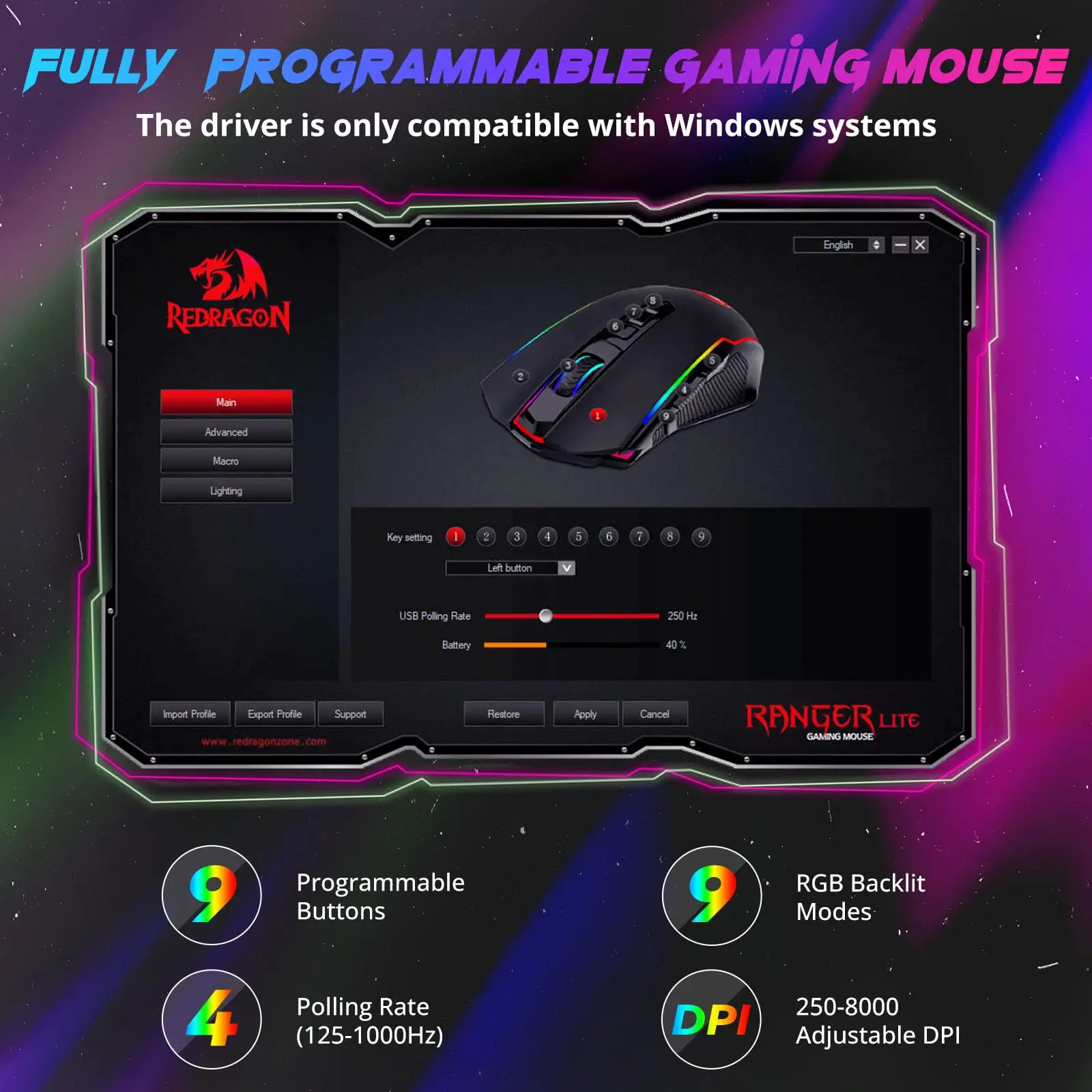 Redragon Gaming Mouse Wireless, rechargable PC Gaming Mice with 8000 dpi, RGB Backlit Programmable Ergonomic Wireless Gaming Mouse with Fire Button, 70Hrs for Windows, Mac Gamer,Black