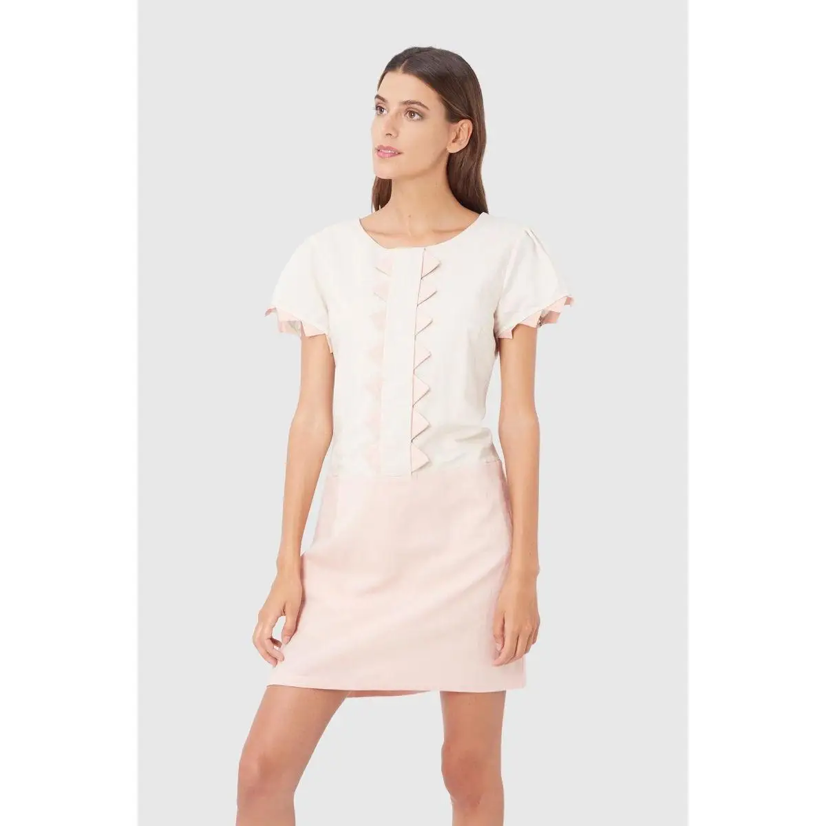Vestido mujer ramio dress outfit elegante cuello redondo manga corta forro integrado botones cremallera rosa claro talla 38 cómodo estilo casual versátil ✅Entrega 24/48h