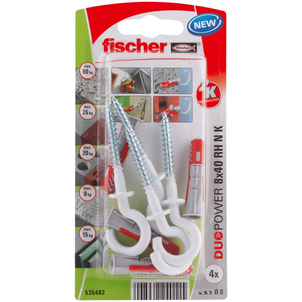 Fischer 535482 wall plug and screw set, 4 pieces, suitable for brick and concrete, includes 40 mm screws, with 8 mm drill hole diameter and minimum depth of 5 cm, perfect for various mounting
