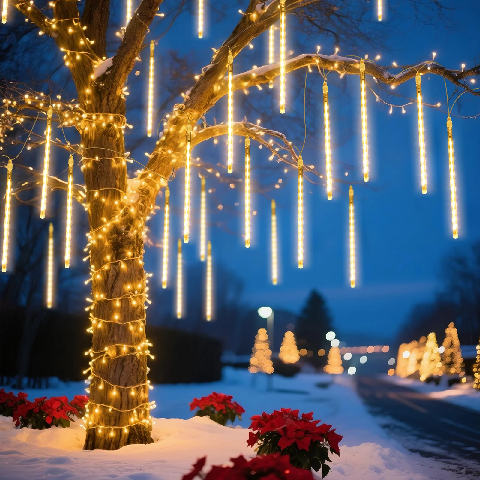 Aigostar Luces Decorativas de Lluvia de Meteoritos 5 m con 192 LEDs Blanco Cálido, 8 Tubos 30 cm,  Navidad