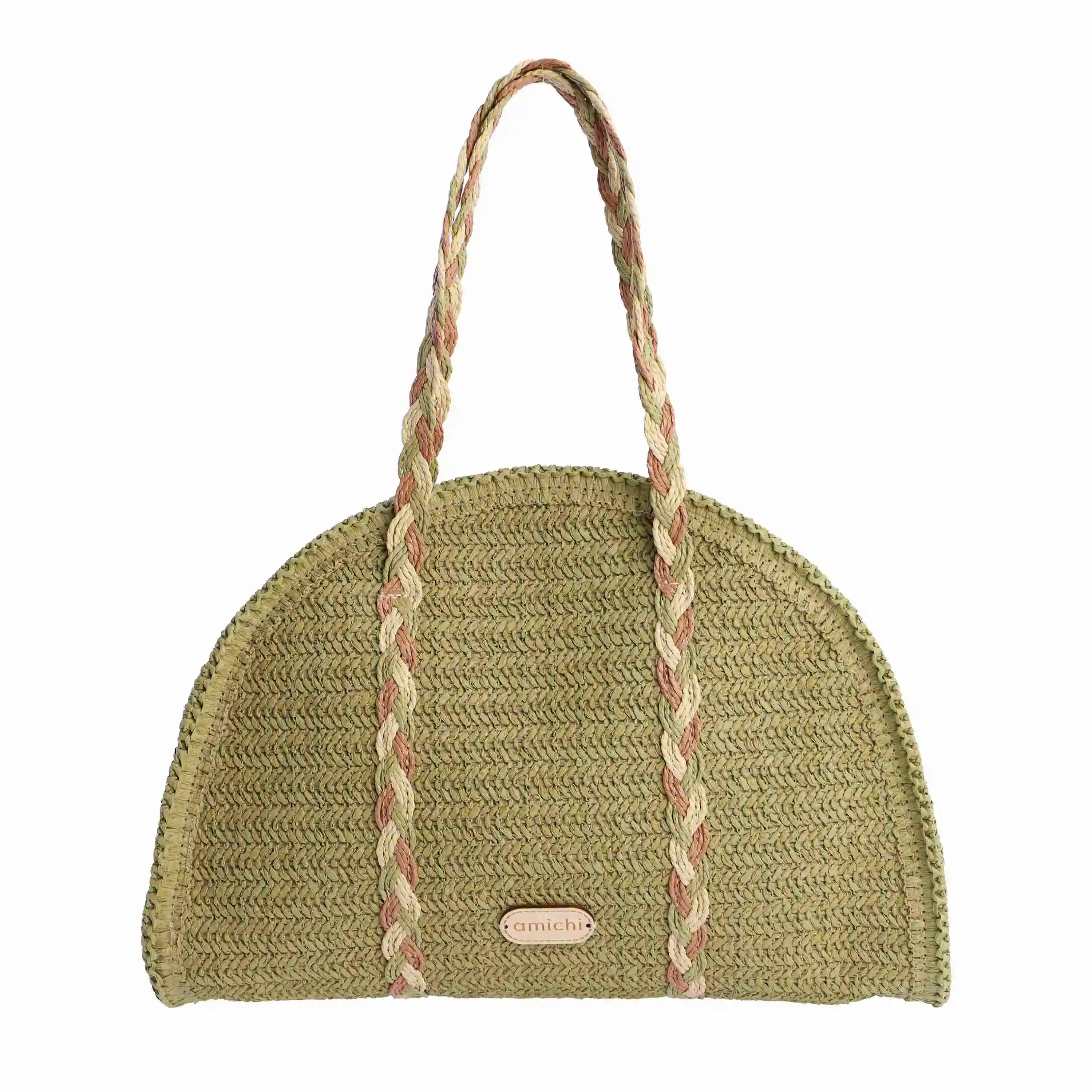 Bolso de hombro para mujer AMICHI Pura de rafia verde con cierrre de cremallera