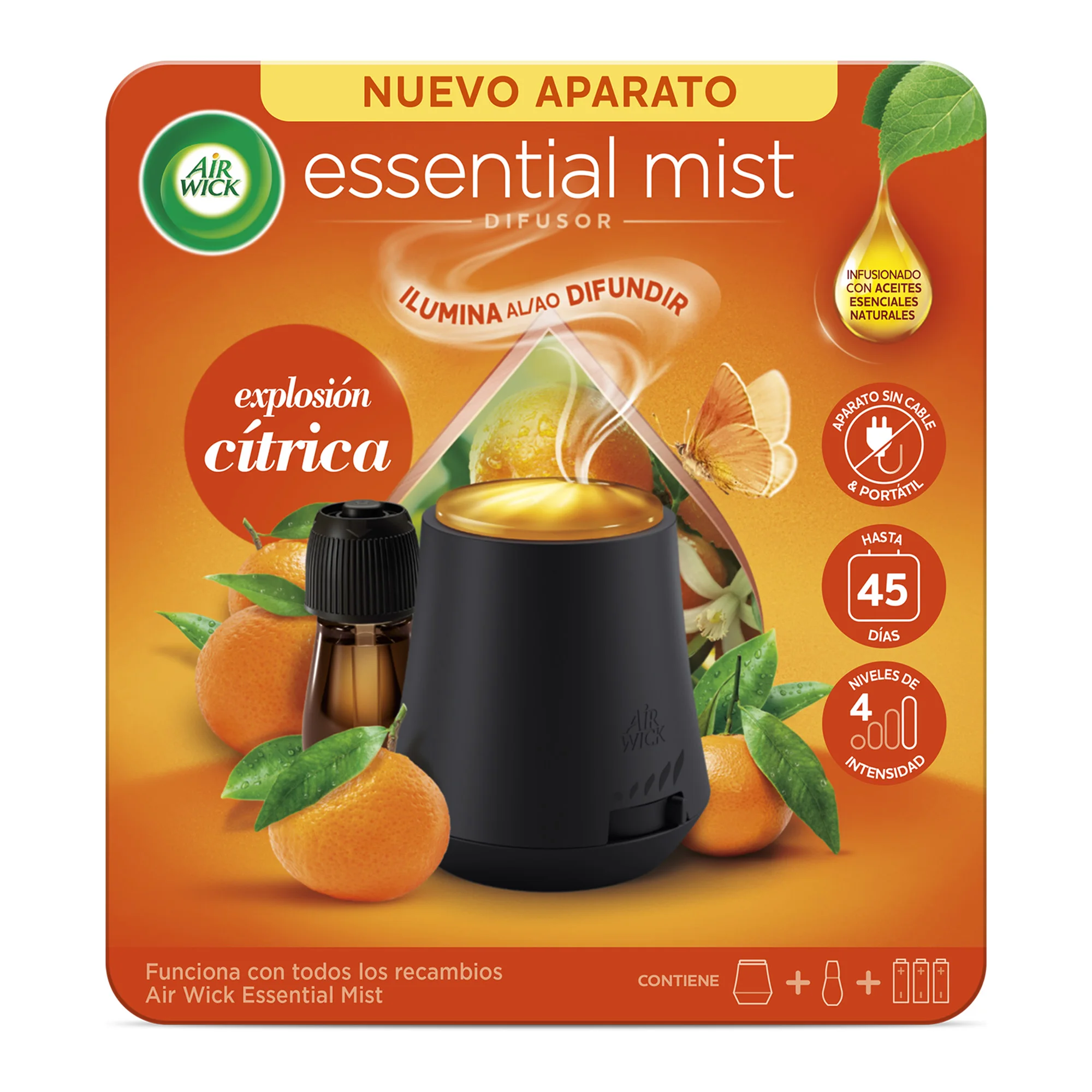 Air Wick Essential Mist - Ambientador difusor aceites esenciales para casa con aroma a Explosión Cítrica Energizante - Aparato y Recambio