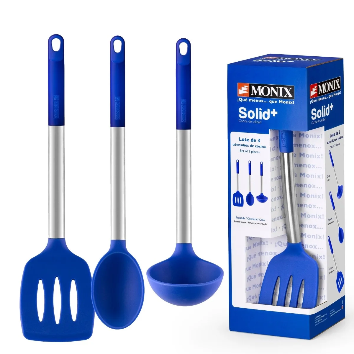Monix Solid Plus - Set 3 Utensilios o Accesorios de Cocina. Cuchara, cazo y espátula de acero inoxidable y silicona azul