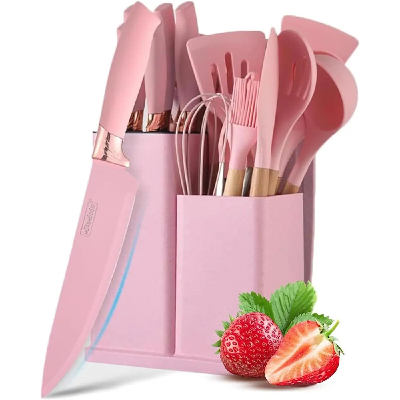 Justup ONEFNG OF2330 Juego de cuchillos con bloque de cuchillos, juego de cuchillos de cocina rosa con bloque, 19 piezas, utensilios de cocina con 6 juegos de cuchillos y 11 espátulas de silicona,