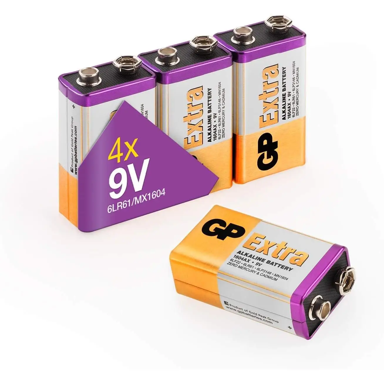 Pilas 9V - 6LR61 - Paquete de 4 unidades  GP Extra  Pilas 6LR61  Duración Larga, Tecnología anti-fugas, Rendimiento elevado