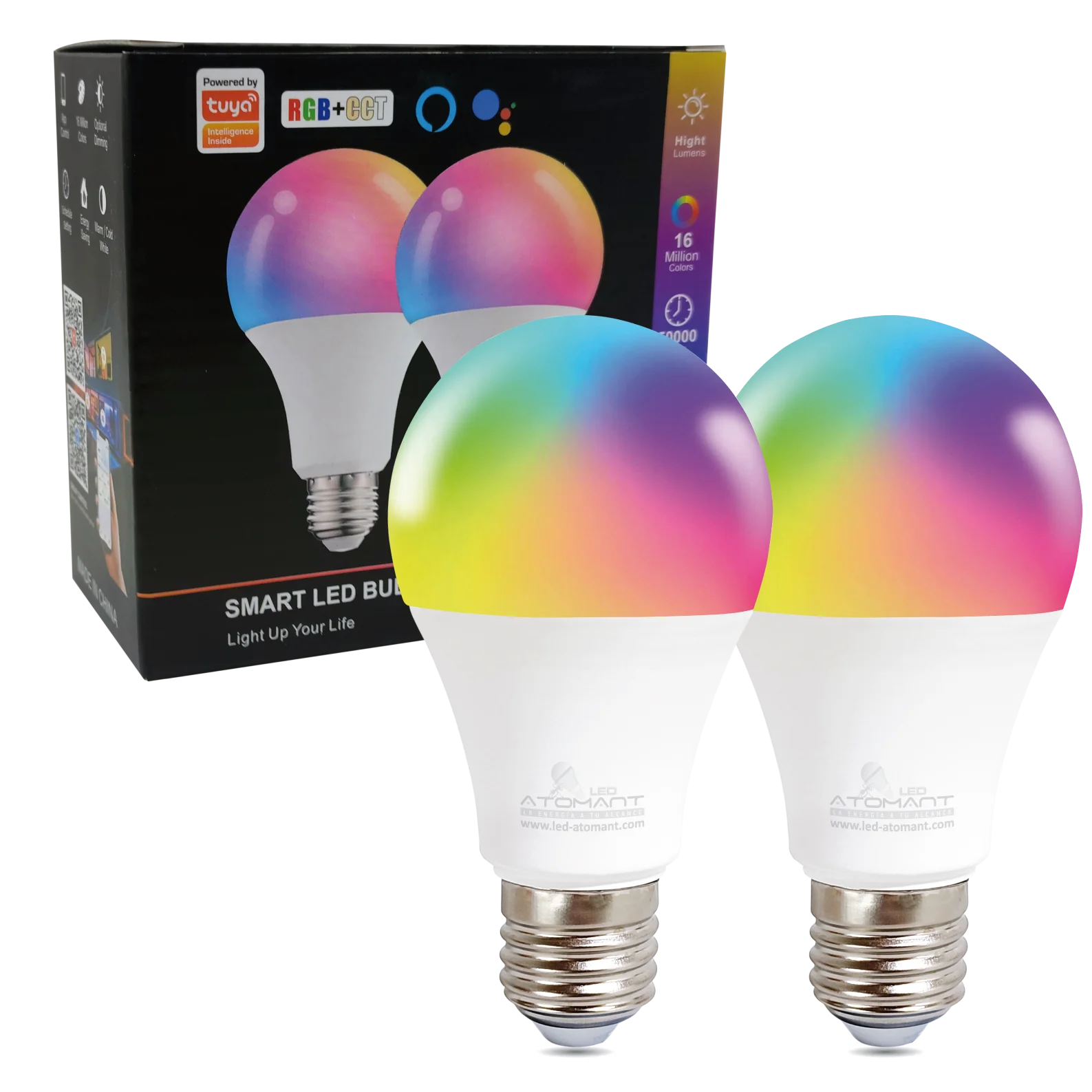 Led atomant smart wifi led bulb e27 8w rgb+cct (warm white, neutral and cold), dimmable, equivalent to 90w traditional, app control, compatible with alexa, google home, smart life, home lighting