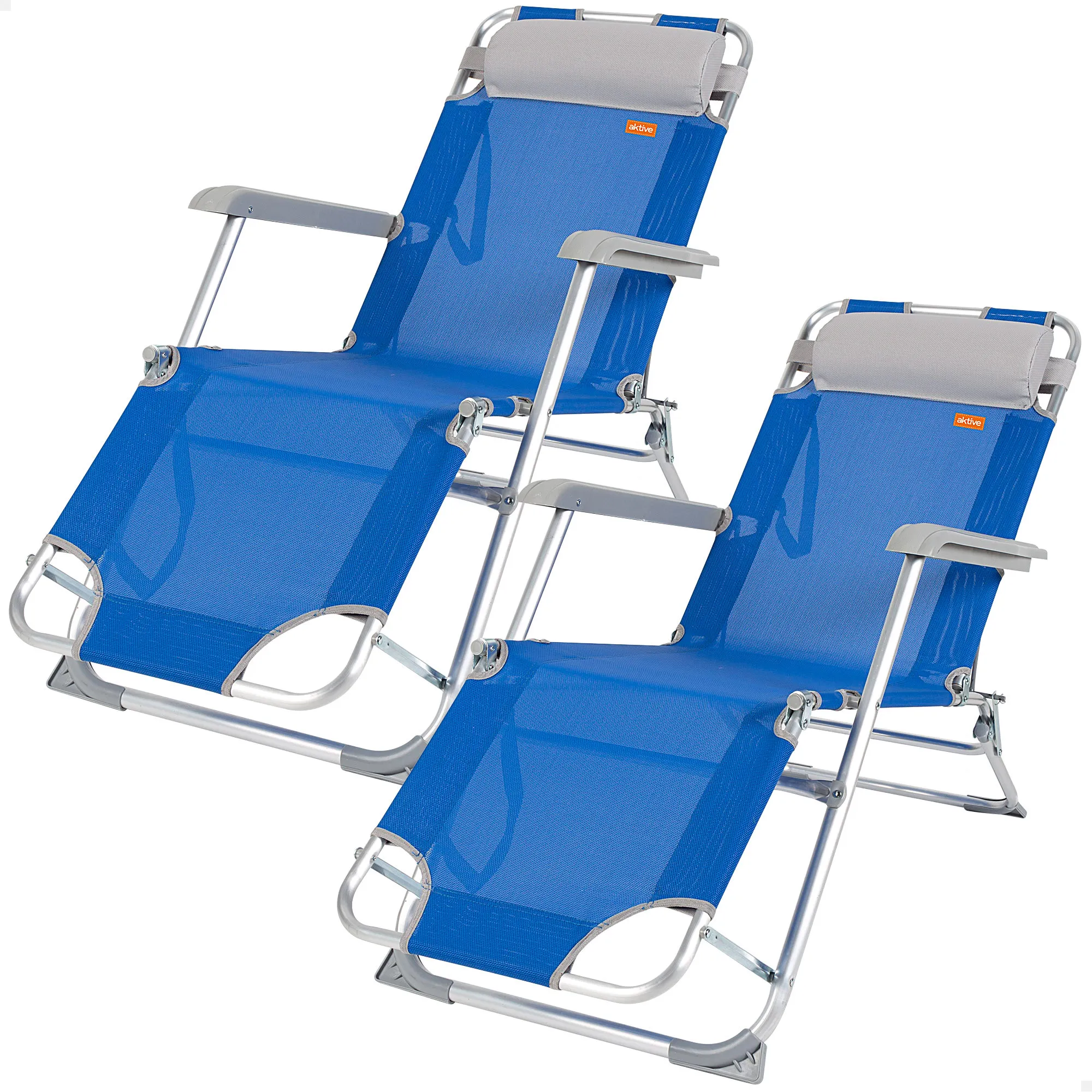 Aktive - Pack 2 tumbonas plegables, respaldo reclinable 3 posiciones, 153x47x33/75 cm, azul, de aluminio y textileno, con cojín y topes antivuelco, máx. 110 kg, tumbonas de playa plegables, accesorios