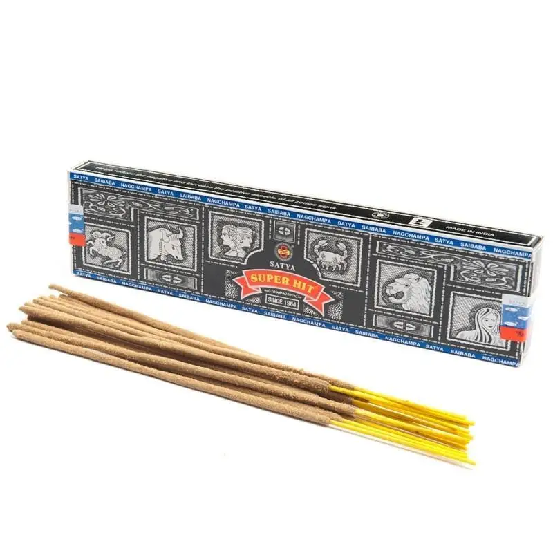 12x incense SATYA Super Hit black rods India-Natural 100%-purifies the environment-meditation, Yoga & relaxing massages-12 full boxes x 15g