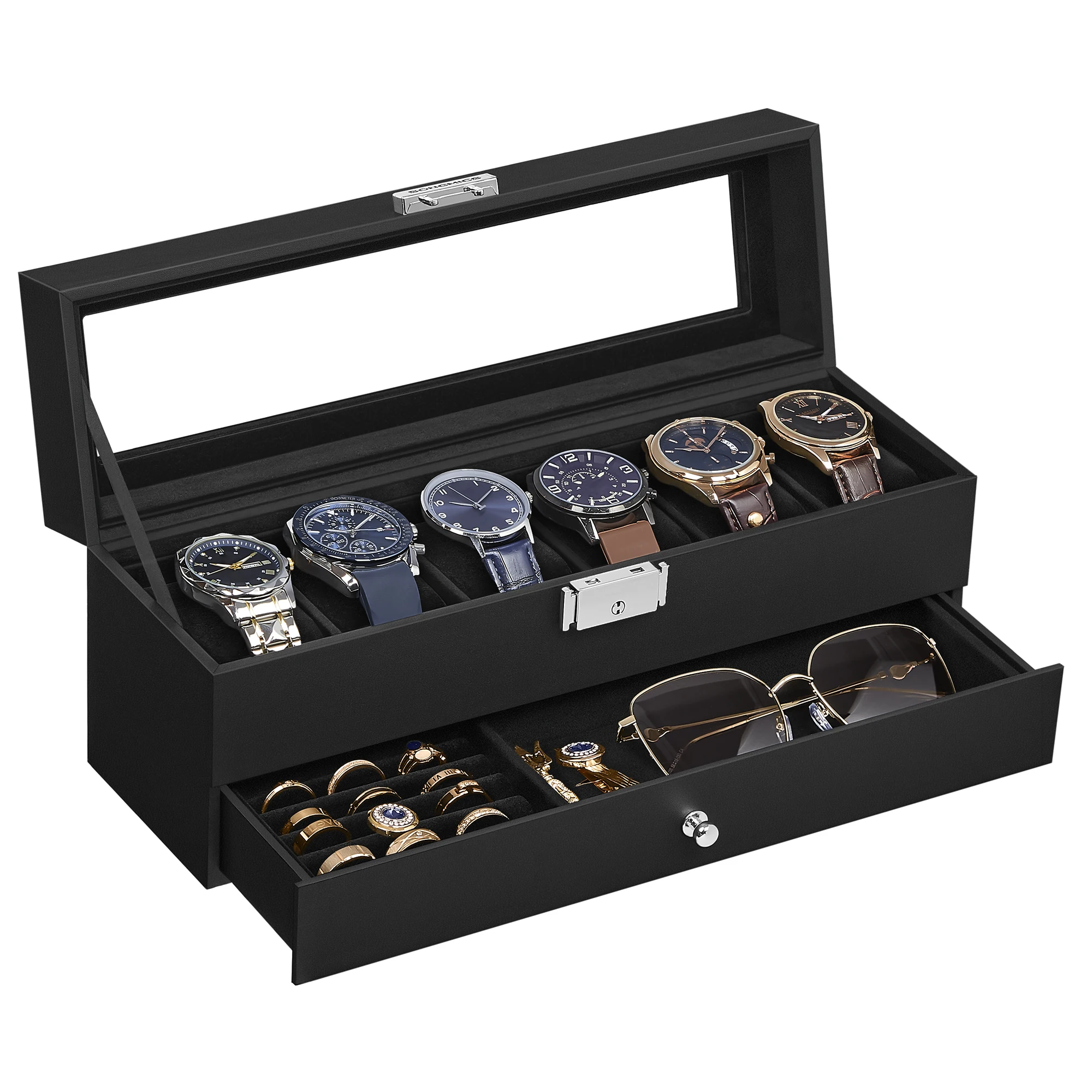 SONGMICS Caja de Reloj, Estuche de Reloj con Tapa de Cristal de 2 Niveles para 6 Relojes, Cerradura, 1 Cajón, para Anillos Pulseras, Regalo Ideal, Superficie PU Negro y Forro Negro/Gris, Regalo de