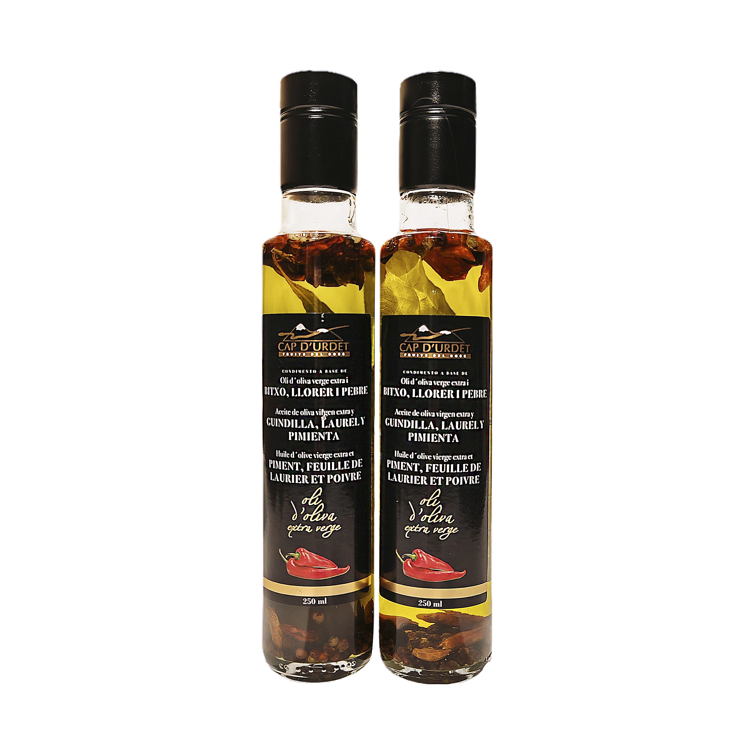 Aceite de oliva virgen extra picante con guindilla, laurel y pimienta de Cap d'urdet. (Pack de 2 unidades de 250 ml)