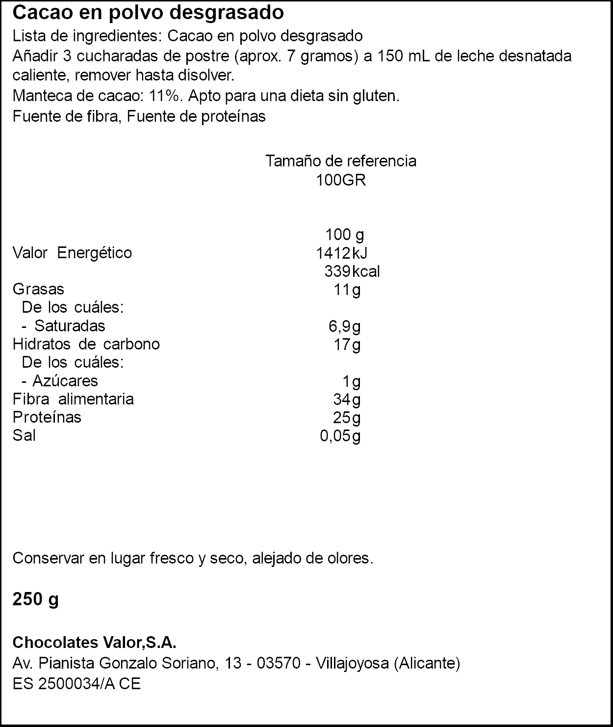 Pack 6 units x 250g of pure cocoa 100% natural value
