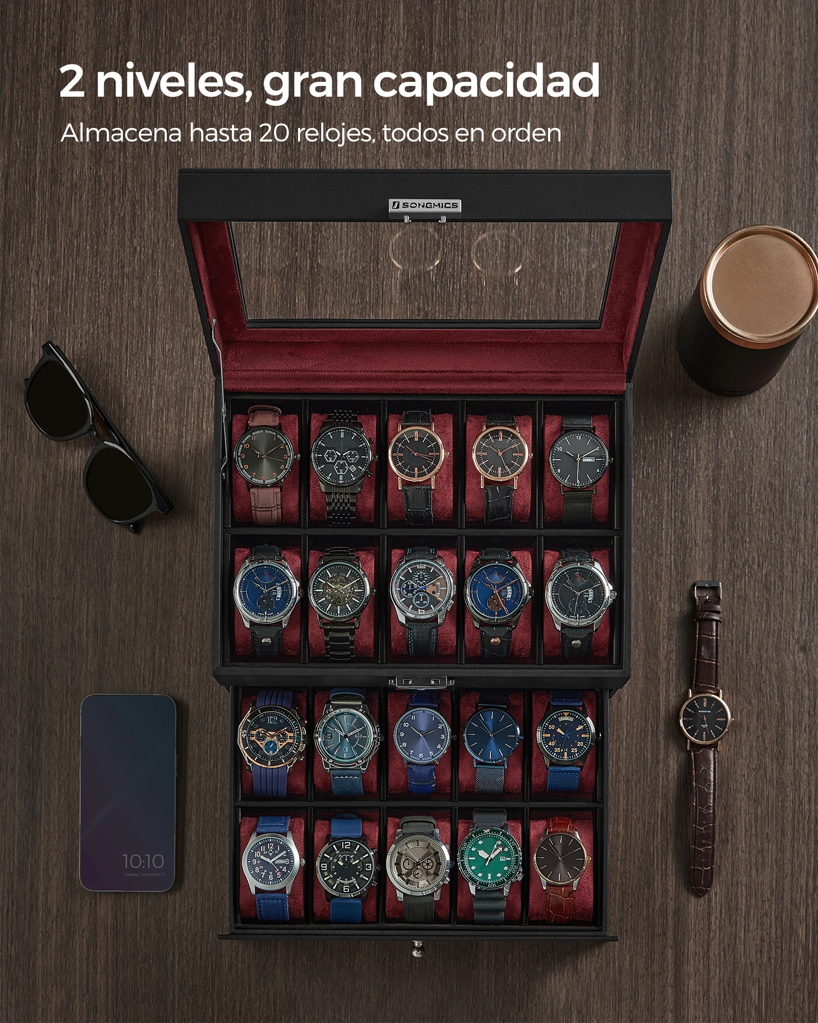 SONGMICS Estuche de Relojes 2 Niveles con Cerradura, Cajón Multiuso - Varios Colores 🕰️