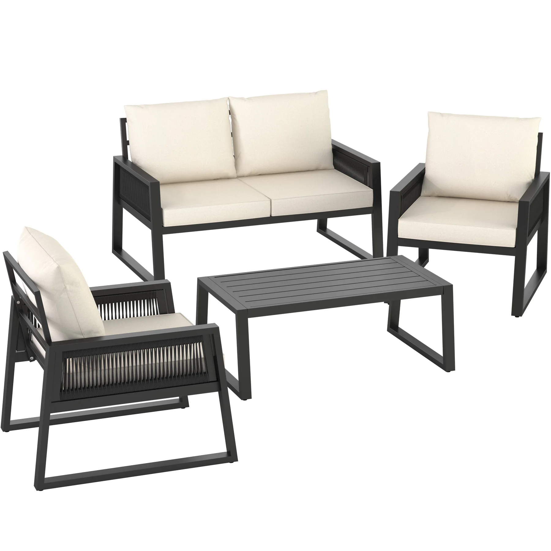 Tectake - Conjunto de muebles de jardín CAPTIVE con diseño de cuerdas, Cómodo conjunto de muebles de exterior para hasta 4 personas con diseño de cuerdas, Estructura resistente de aluminio ligero e