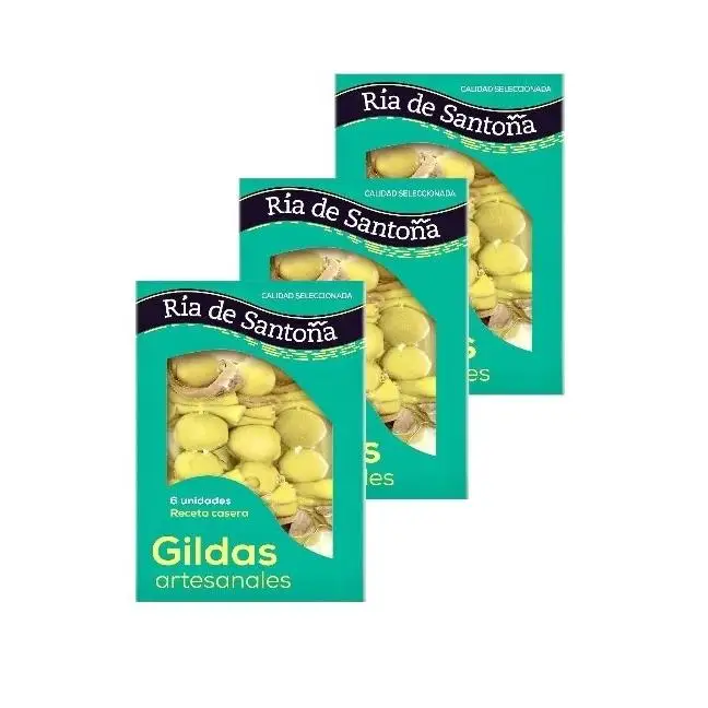 Gildas con anchoas de Santoña 6 uds, PACK 3 UNIDADES. Con guindilla, aceitunas rellenas, anchoas, aceite de girasol y sal. Ideal para aperitivos, marida con cerveza o txakoli. Prácticas y listas para disfrutar.