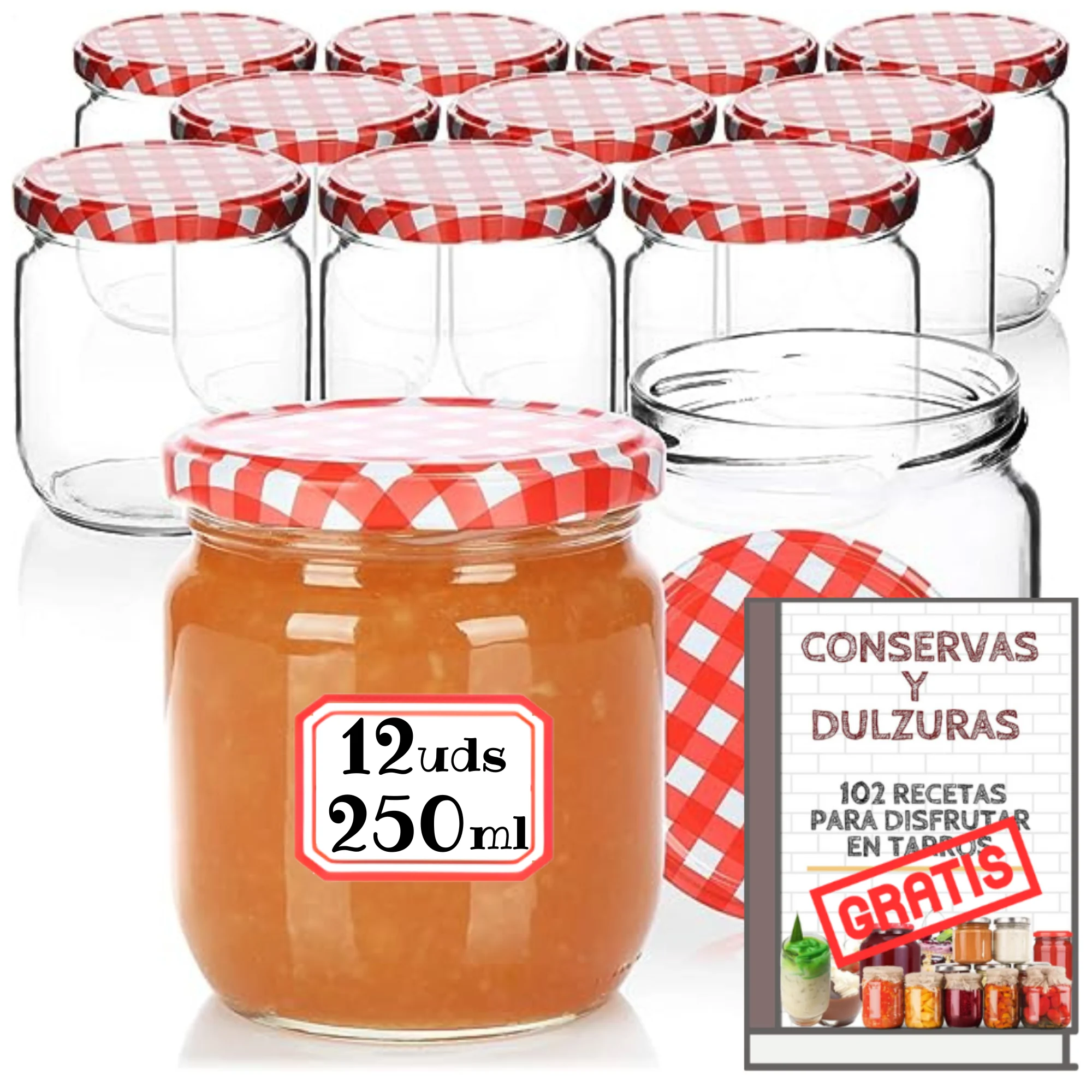 MundoTarros - 12 250 ml glass jars with airtight thread metal lid + Ebook of 102 recipes-dessert jars, jam, yogurt, sauces-includes tags