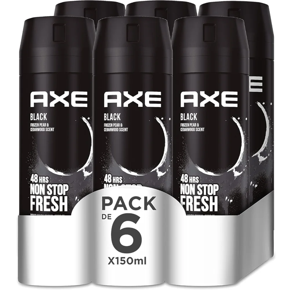 Axe Desodorante para Hombre Bodyspray Black 150ml (Pack de 6) - Tecnología Dual Action, Fórmula sin aluminio, Componente antiolor Zinc Complex 6, Huele irresistible a pera y madera de cedro durante 48