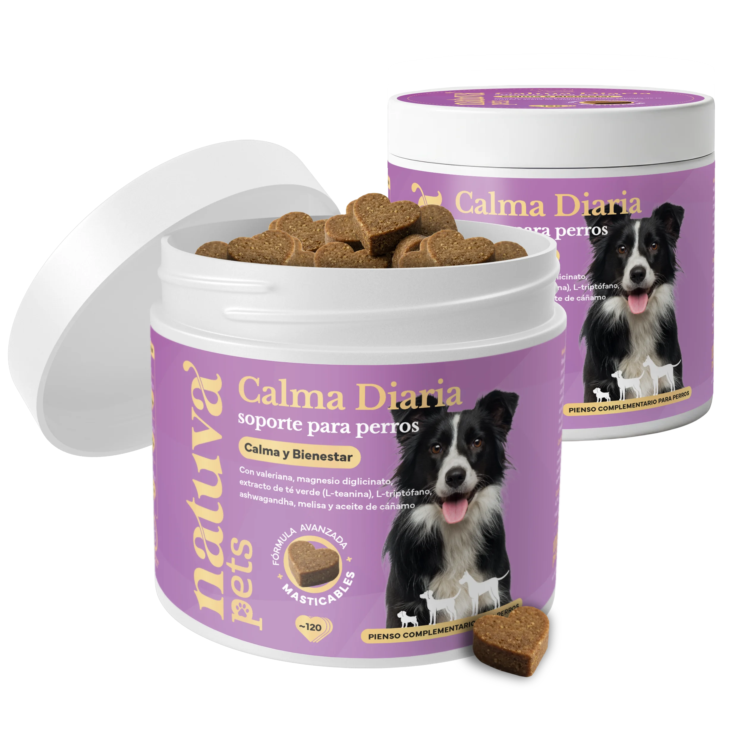 Pack 2x Calmante para Perros Natuva Pets - 240 Masticables con Ashwagandha, Valeriana, Magnesio y L-Triptófano - 2 x 120 Chuches de Alta Palatabilidad - Sin Azúcares Añadidos - Para Todas las Razas y